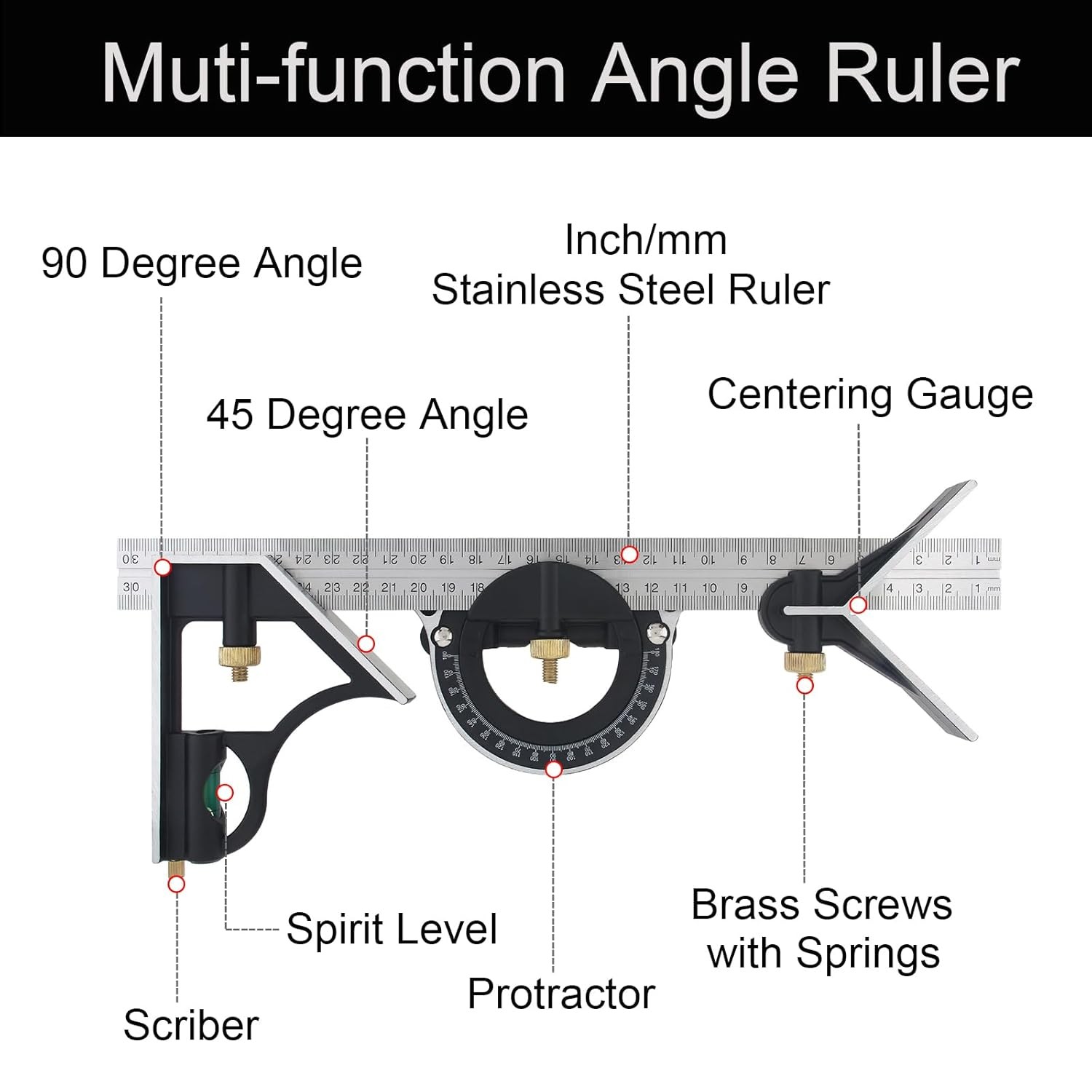 300MM Adjustable T-Square Set, Protractor Level & Sliding Square Ruler Kit