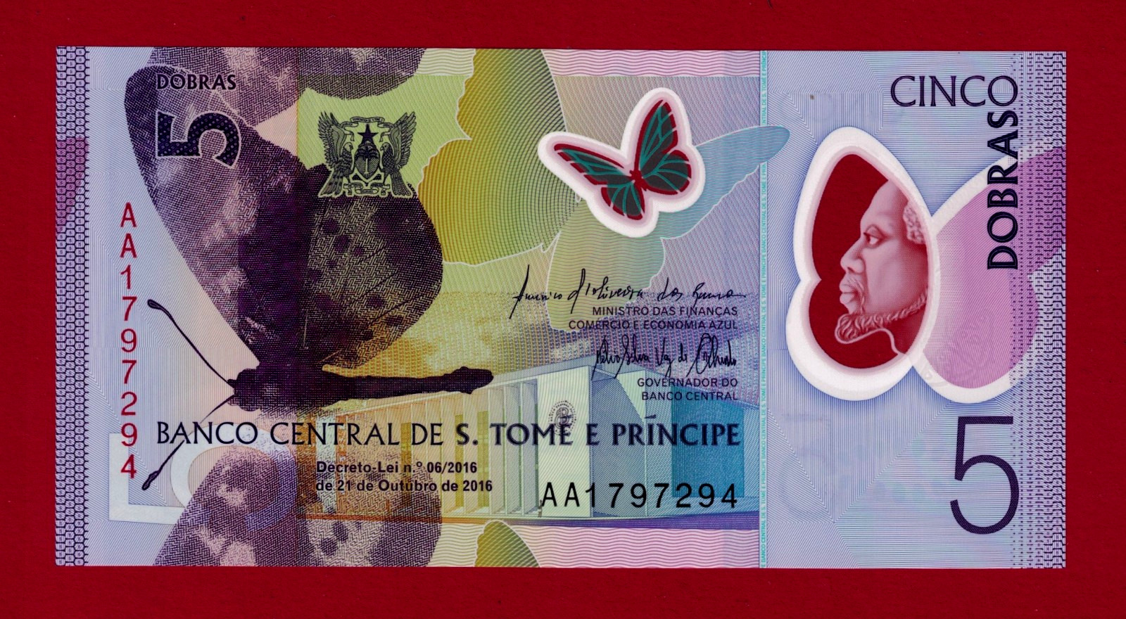 São Tomé and Príncipe 5 DOBRAS 2016 UNC Polymer - First  'AA' Prefix (Pick-70a)