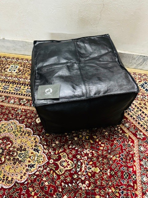 20 Inch Black Leather Pouf Ottoman – Authentic Moroccan Boho Footstool