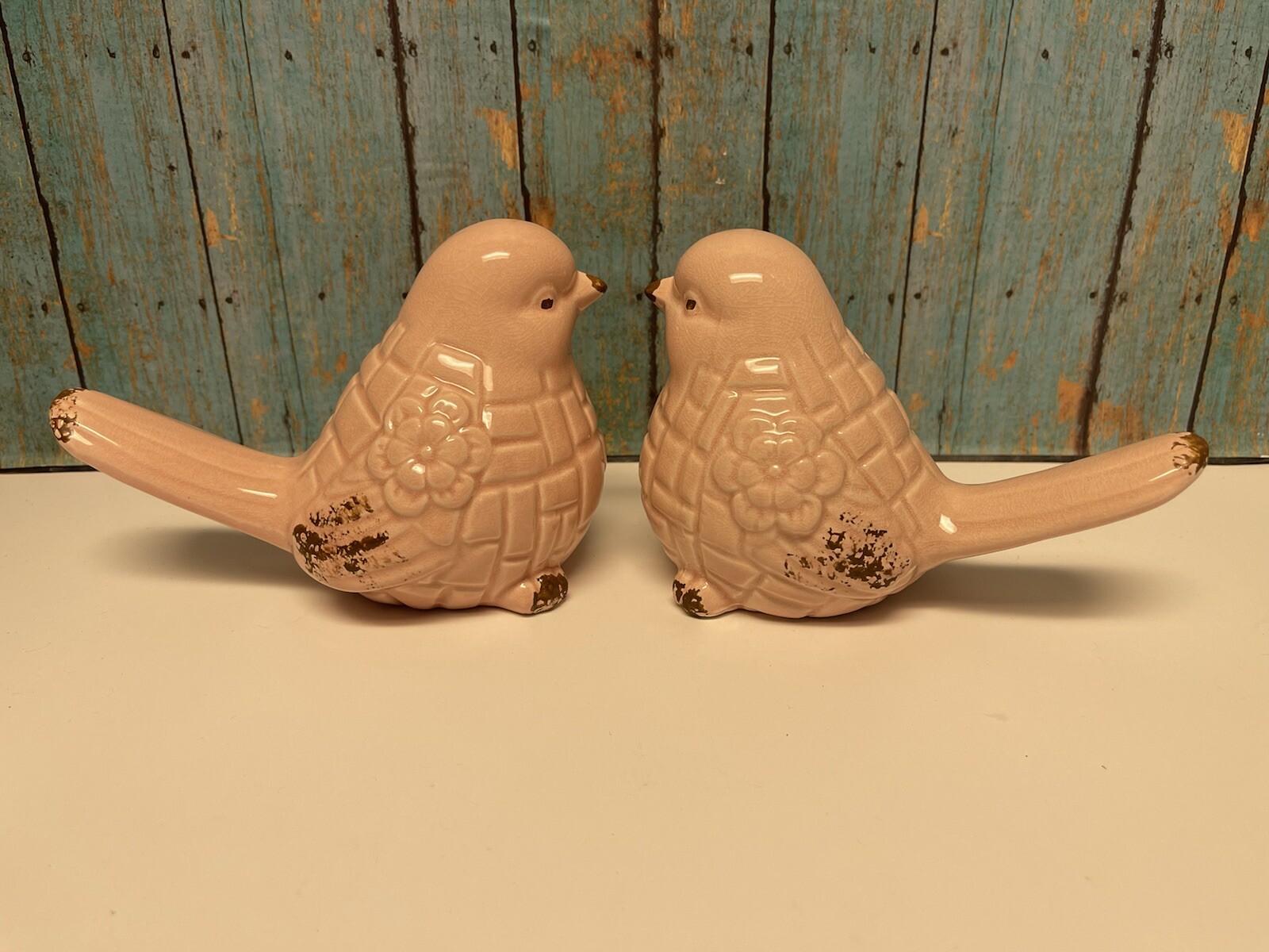 2 Ceramic Birds Pink Sparrows Floral Embossed 4” High