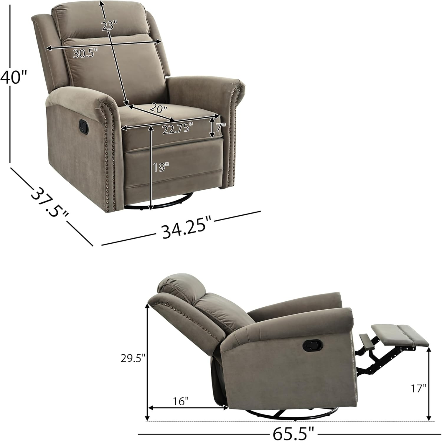 Light Brown Velvet Swivel Recliner with Adjustable Backrest & Nailhead Trim