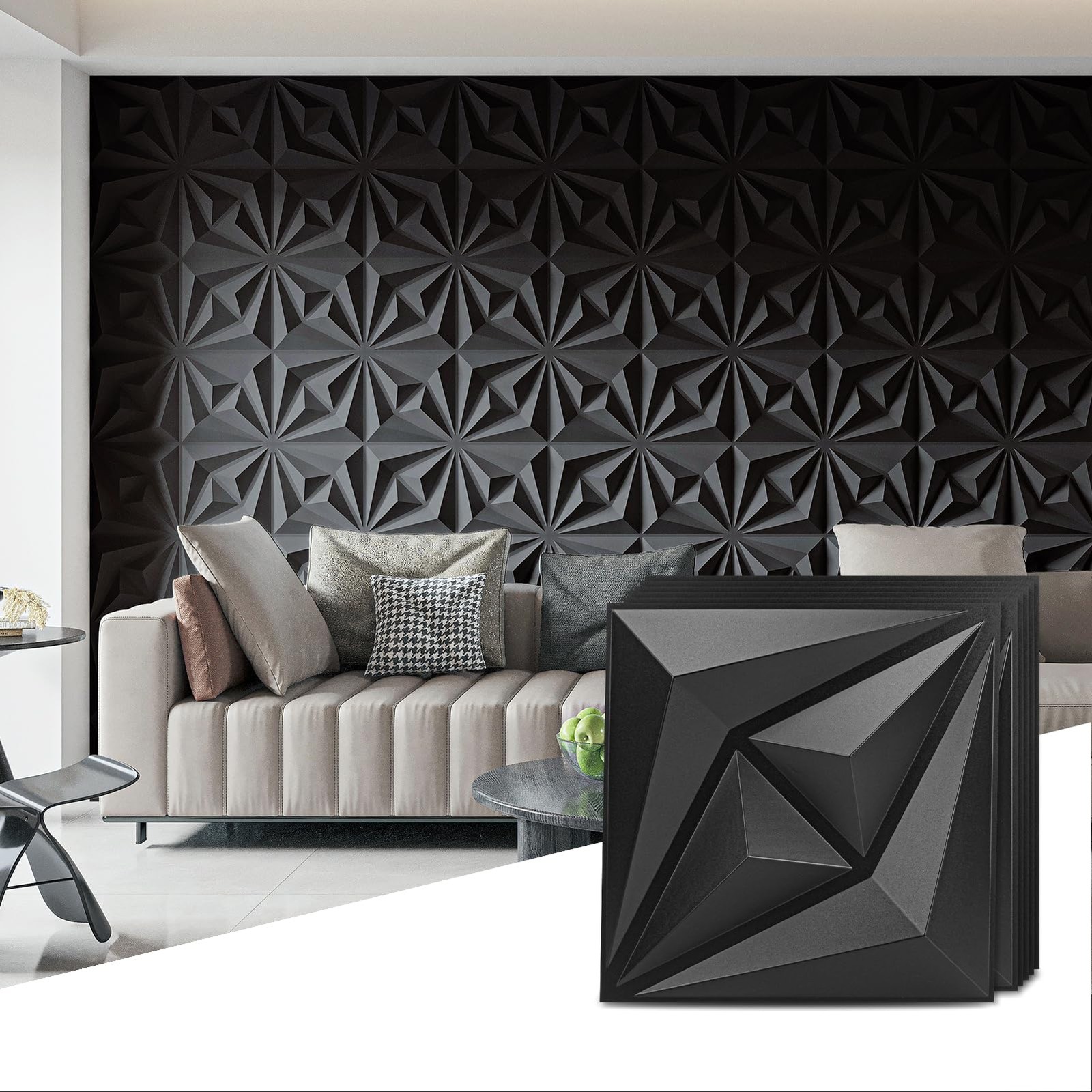 Home Interior Design 3D Wall Panels 50 Pack Black 12x12 Living Room
