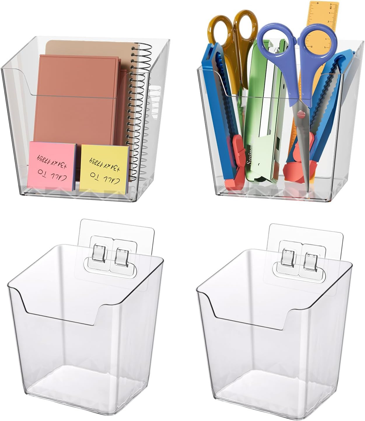 Clear Adhesive Wall Storage Bins, 4 Pack Cabinet Door Organizer Holders, Hanging