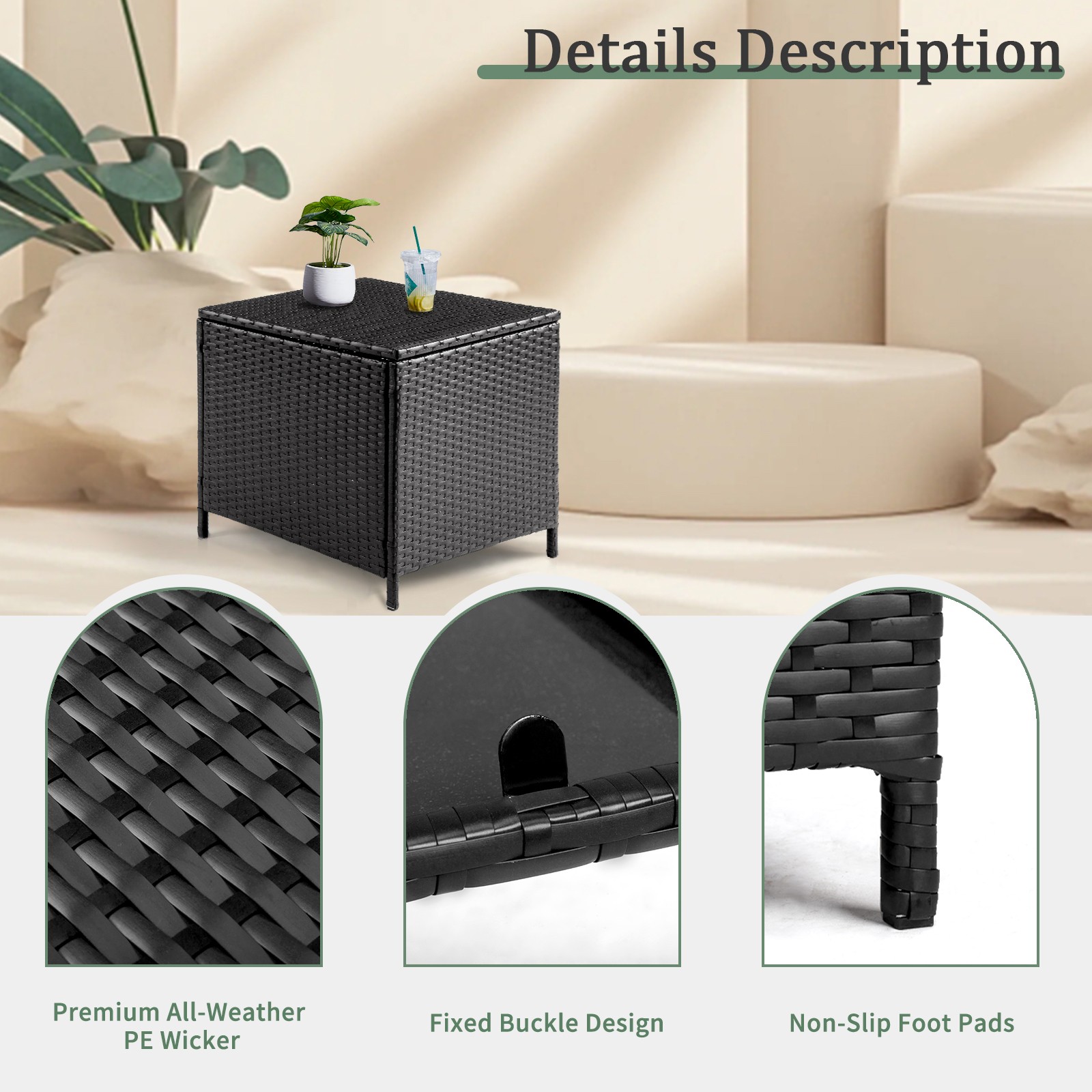 PE Wicker Side Table with Storage, Patio Rattan End Table Square Container