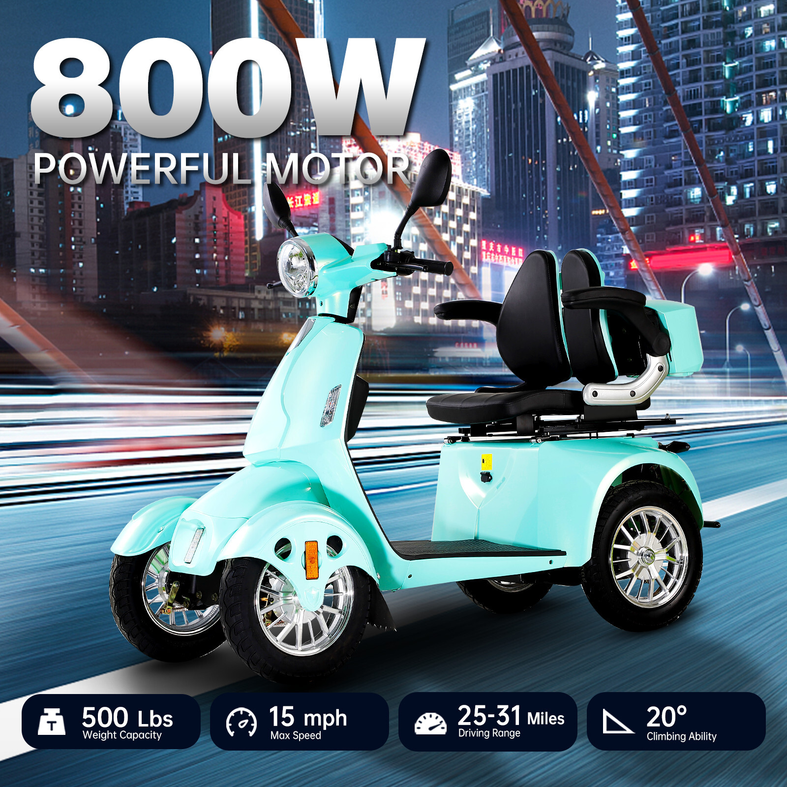 800W All Terrain Heavy Duty Senior Mobility Scooters 500lbs 31 miles 60V/20Ah
