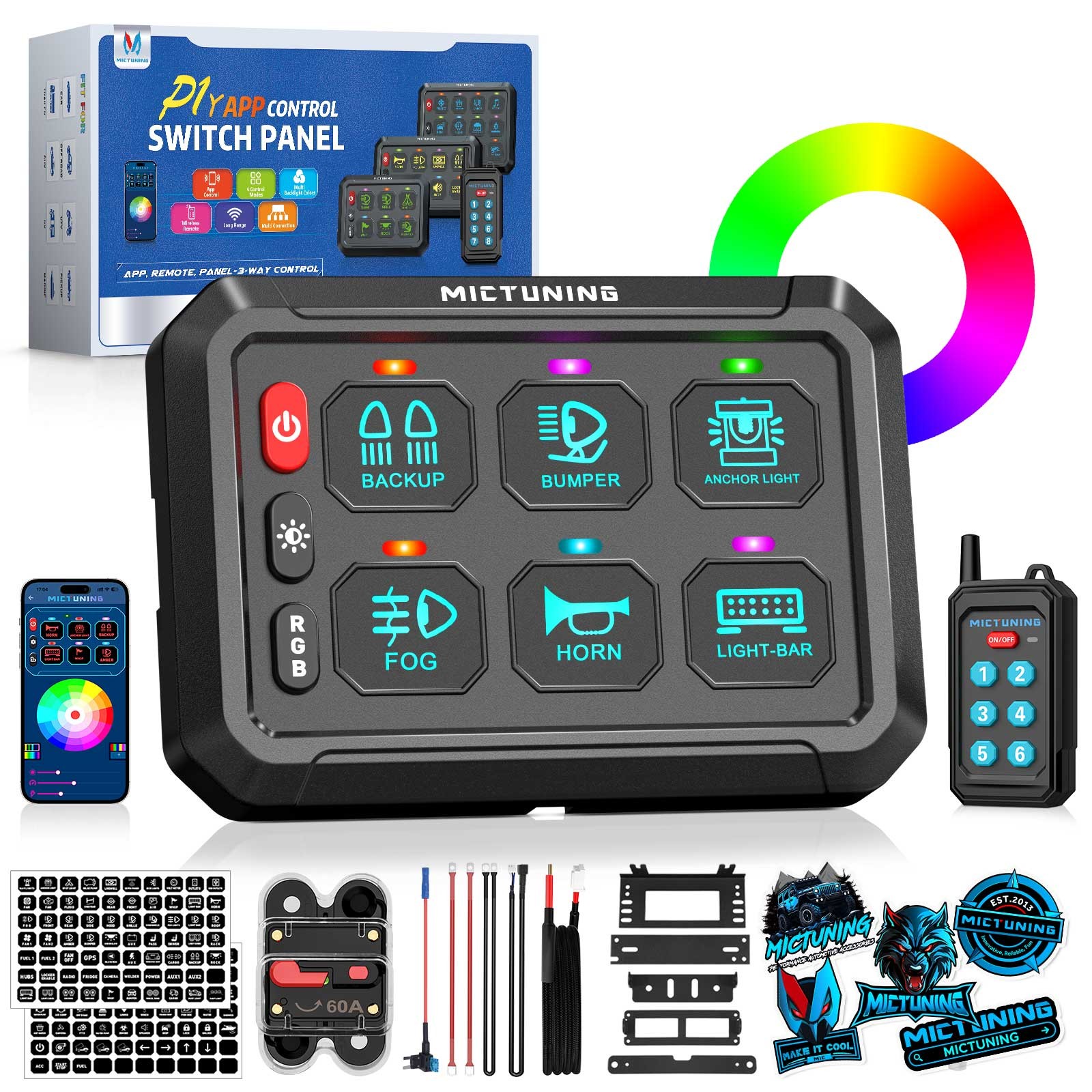 MICTUNING 6/8/12 Gang Switch Panel Wireless APP Remote Switch Control Marine Box