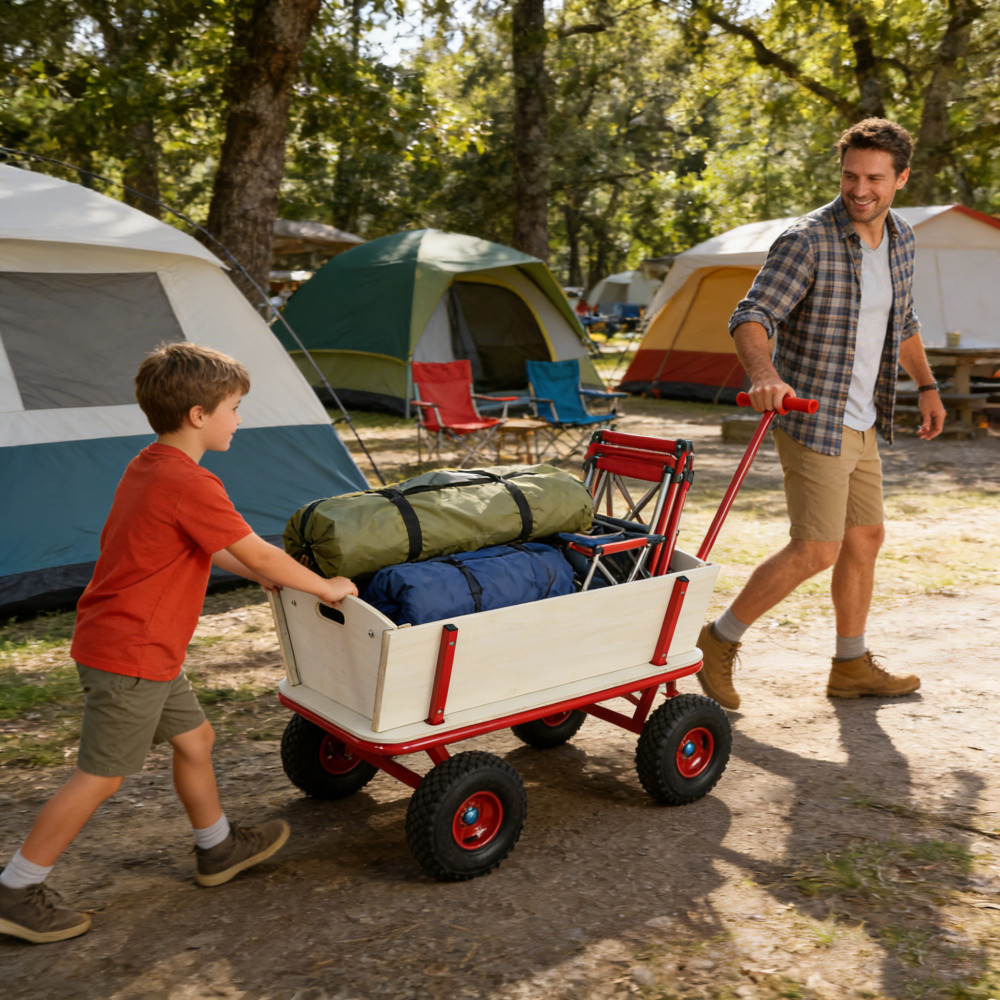 Kids Wooden Toy Wagon Red Outdoor Hauler - 260 lbs Load Capacity