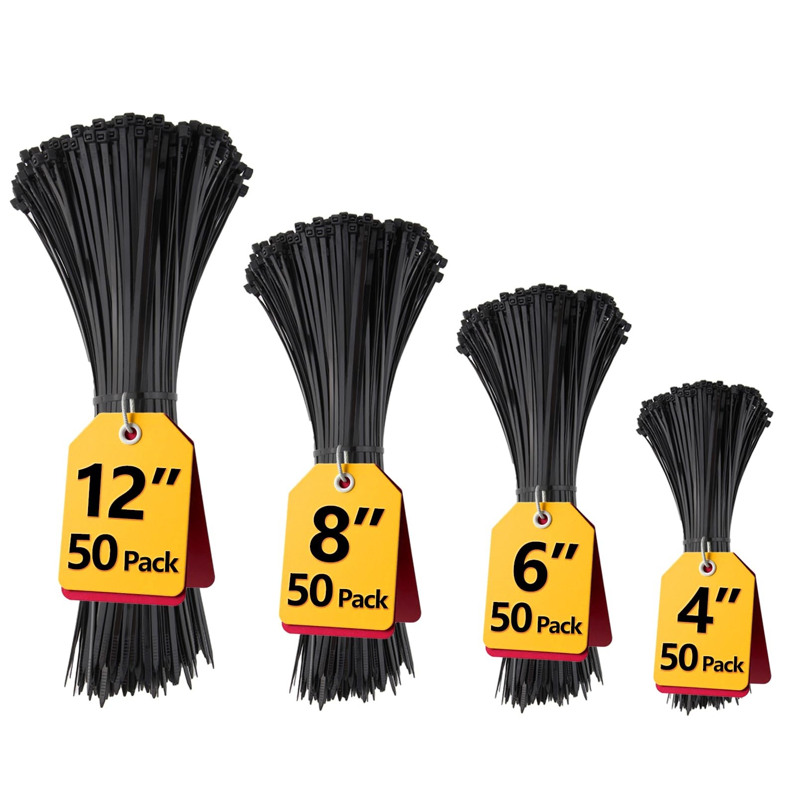 200 Pack Cable Ties Assorted Sizes UV Resistant Zip Ties Black