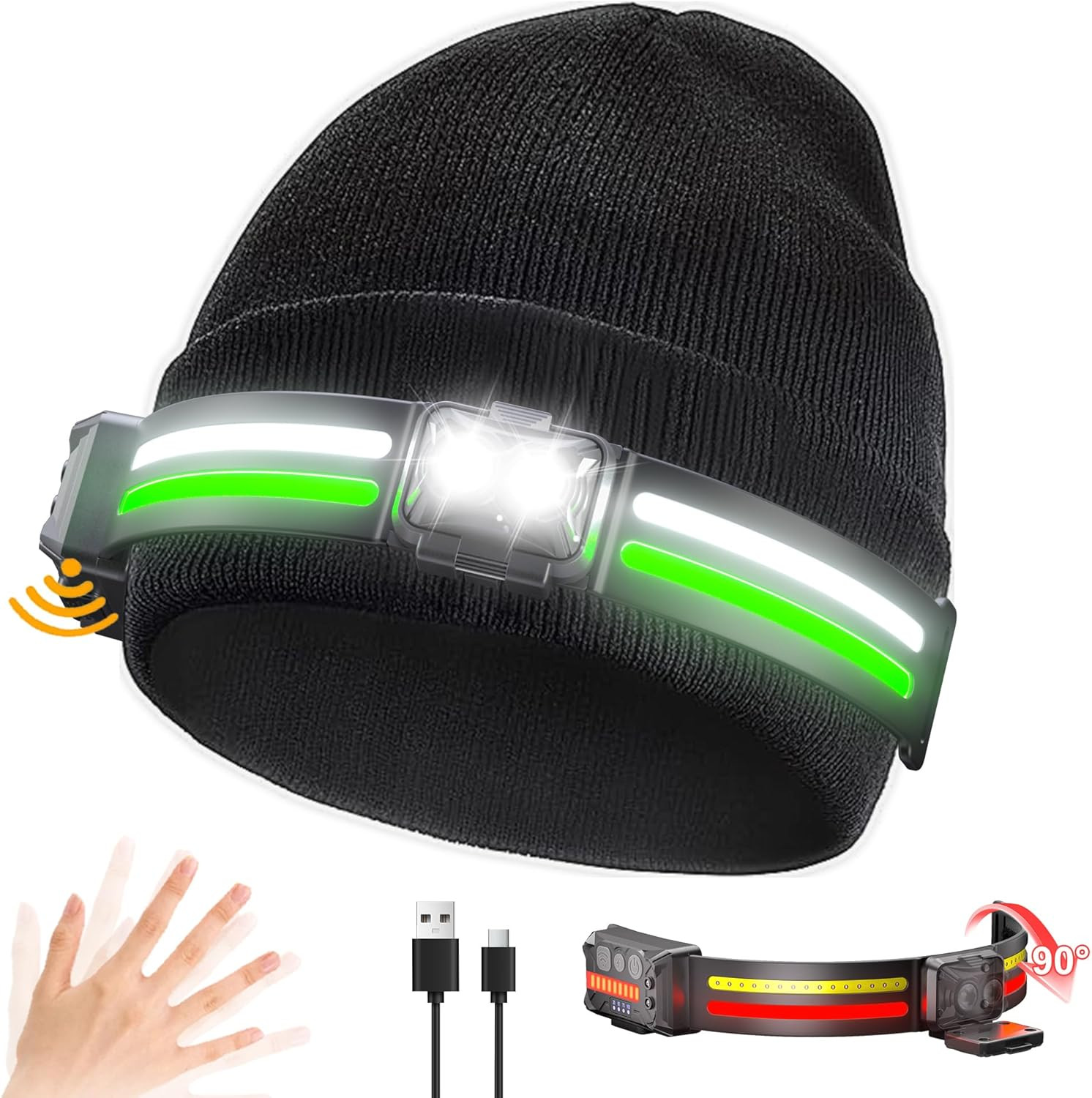 Rechargeable Headlamp Beanie, 1200Lumens Bright Beanie with Light, 260°Wide Beam