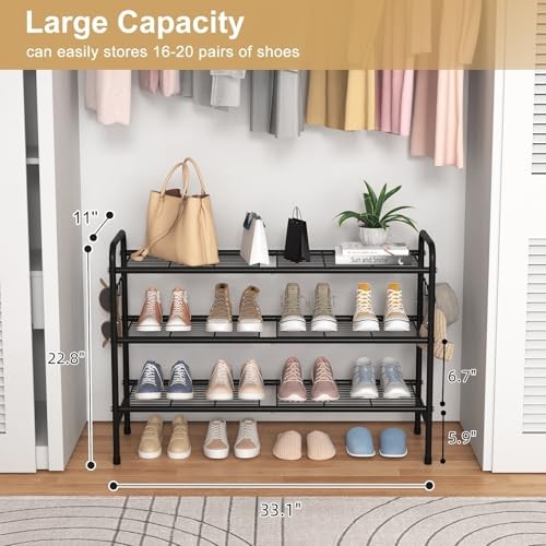 3 Tier Shoe Rack 33" Wide Metal Shoe Organizer Long Shoe Storage with 4 Black