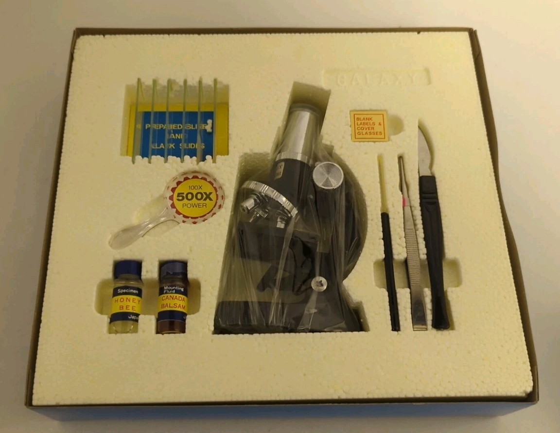 vtg Galaxy Microscope Junior Micro-Lab Dissecting Kit 100x-500x #111 w/Paper MIB