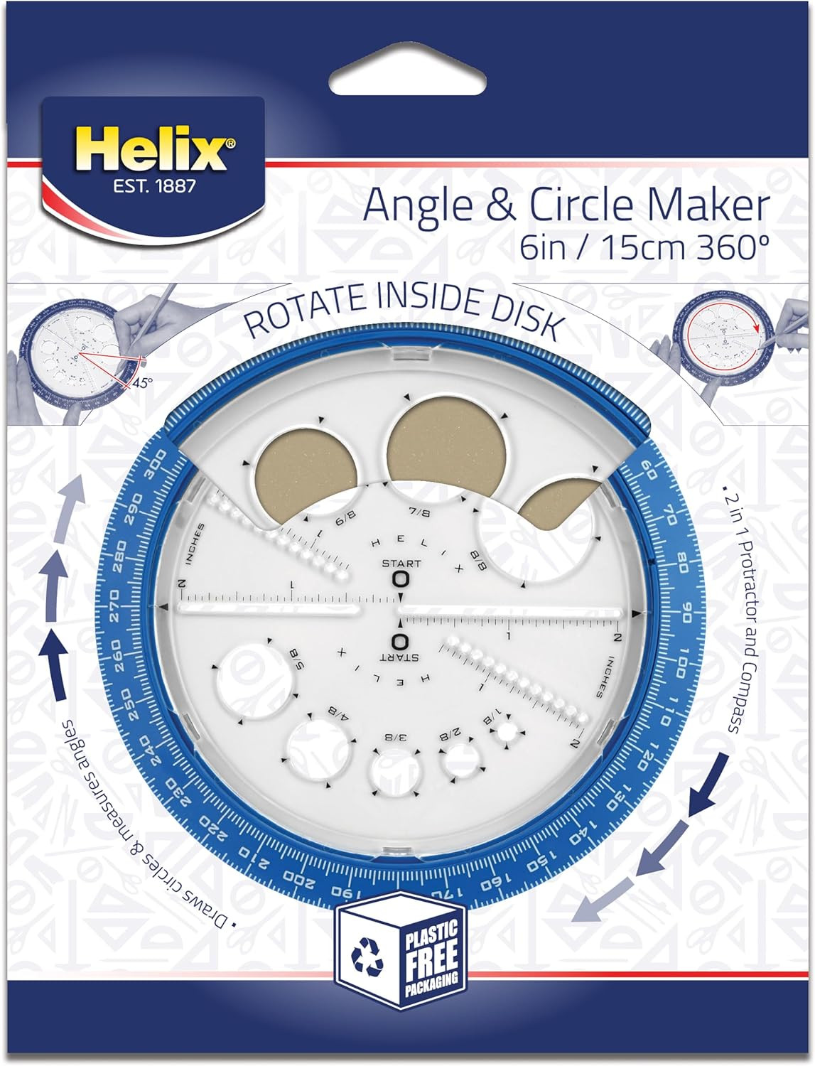 Helix Angle & Circle Maker Protractor 360° 6in/15cm Assorted Colors (36002)