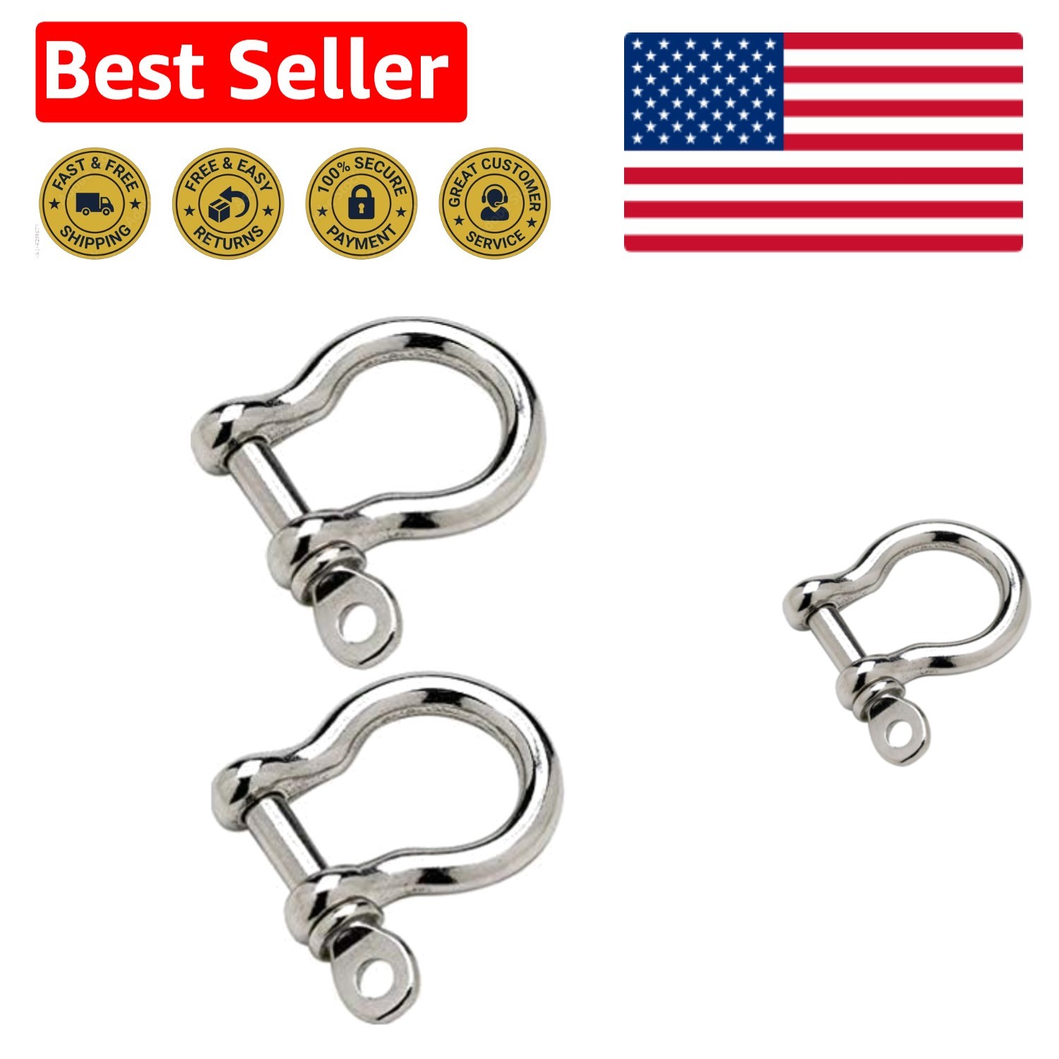 High Strength 1/8" Stainless Steel Bow Shackles for Marine Rigging - Set of 2