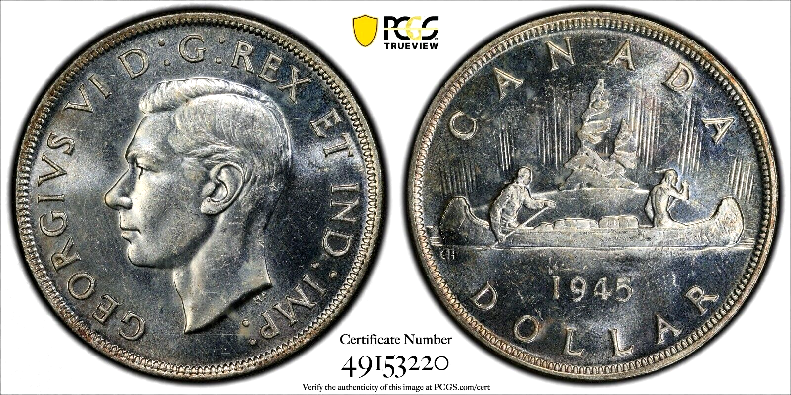 1945 CANADA SILVER DOLLAR, PCGS MS63, LOW-MINTAGE & SCARCE!