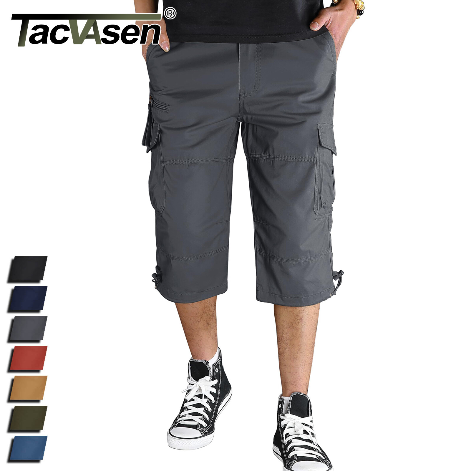 Mens Cargo Work Shorts 3/4 Length Below Knee Pants 7 Pockets Cotton Twill Shorts