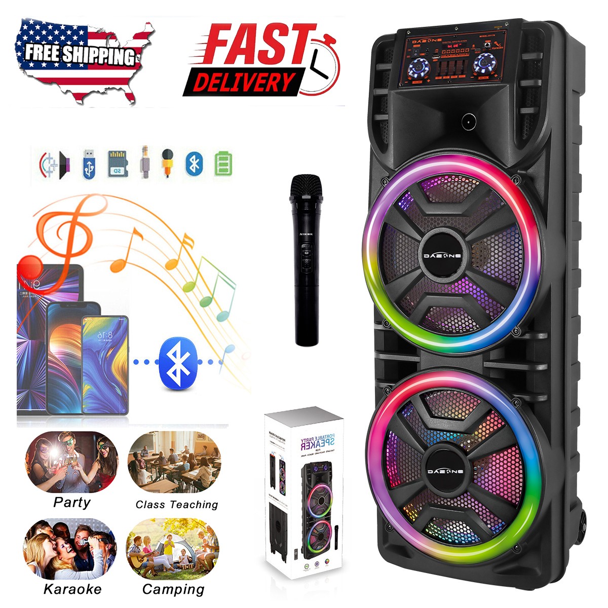 Wireless Dual 12" Portable FM Bluetooth Party Speaker Subwoofer Heavy Bass w/Mic