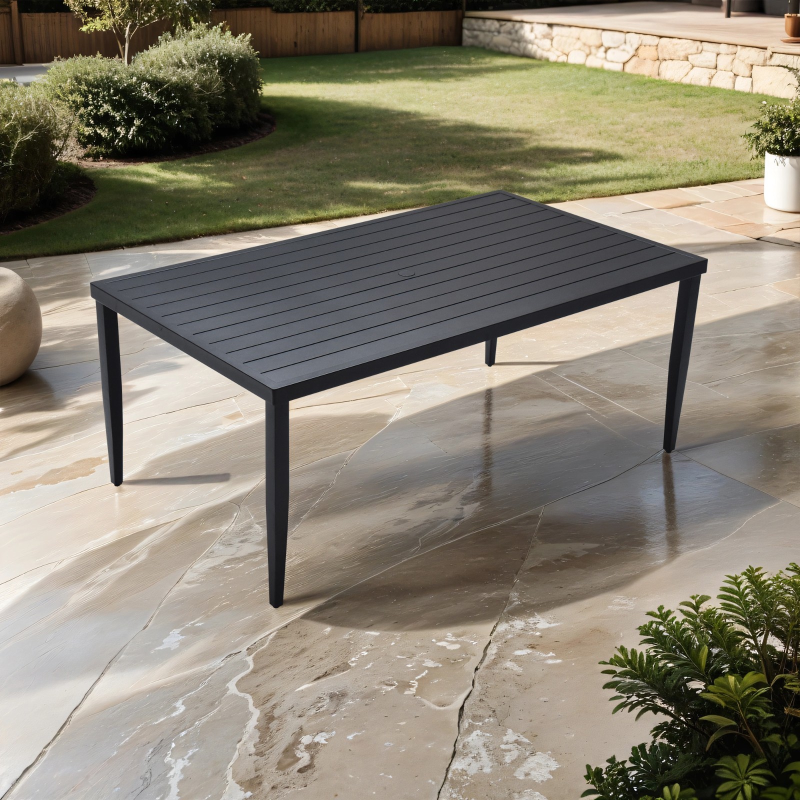 40"x70" Aluminum Patio Table Black Ember Finish Tapered Feet Umbrella Hole