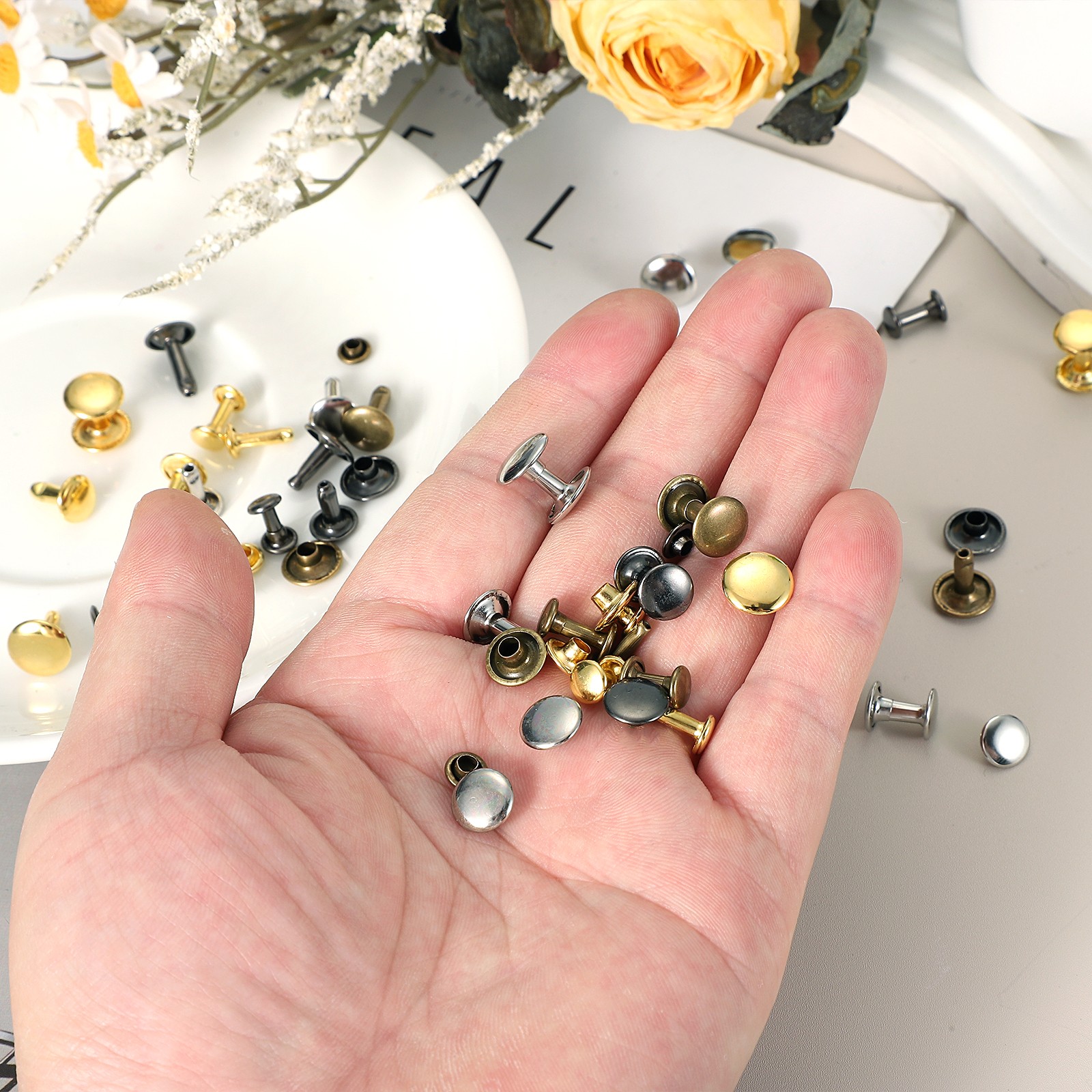30 Sets Double Cap Leather Rivets, 8x10mm Round Cap Metal Studs, Gold