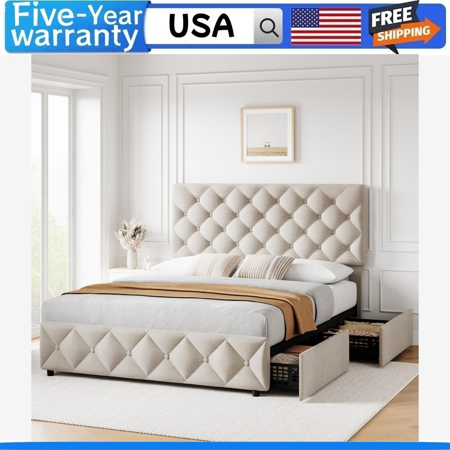 💹Full Size Bed Frame with 4 Storage Drawers and Headboard Upholstered Platform