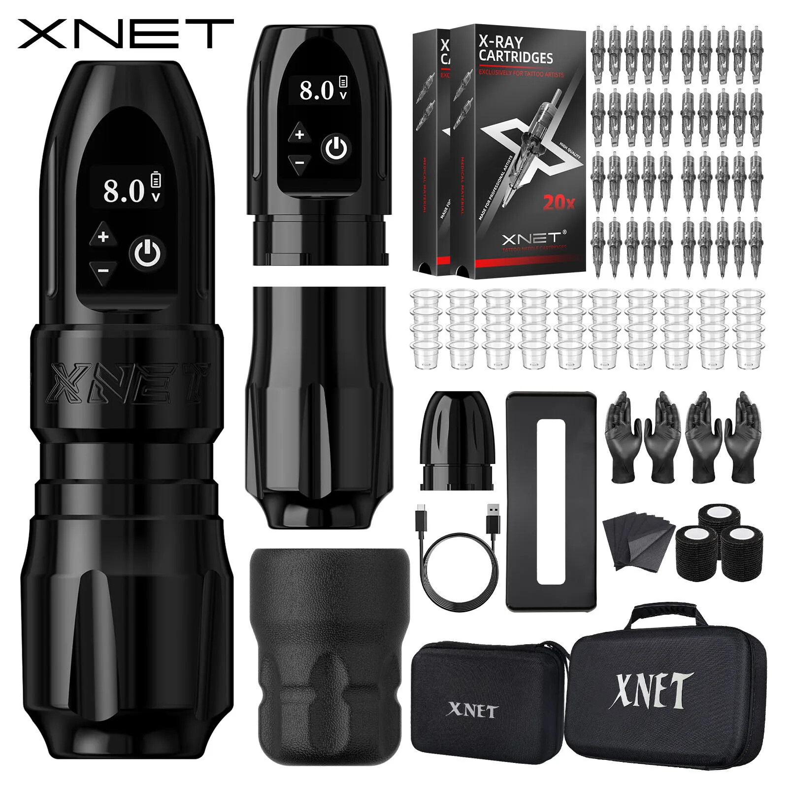 XNET Wilk 2024 Wireless Tattoo Machine Pen Kit 2 Grips 40pcs Needles Straight