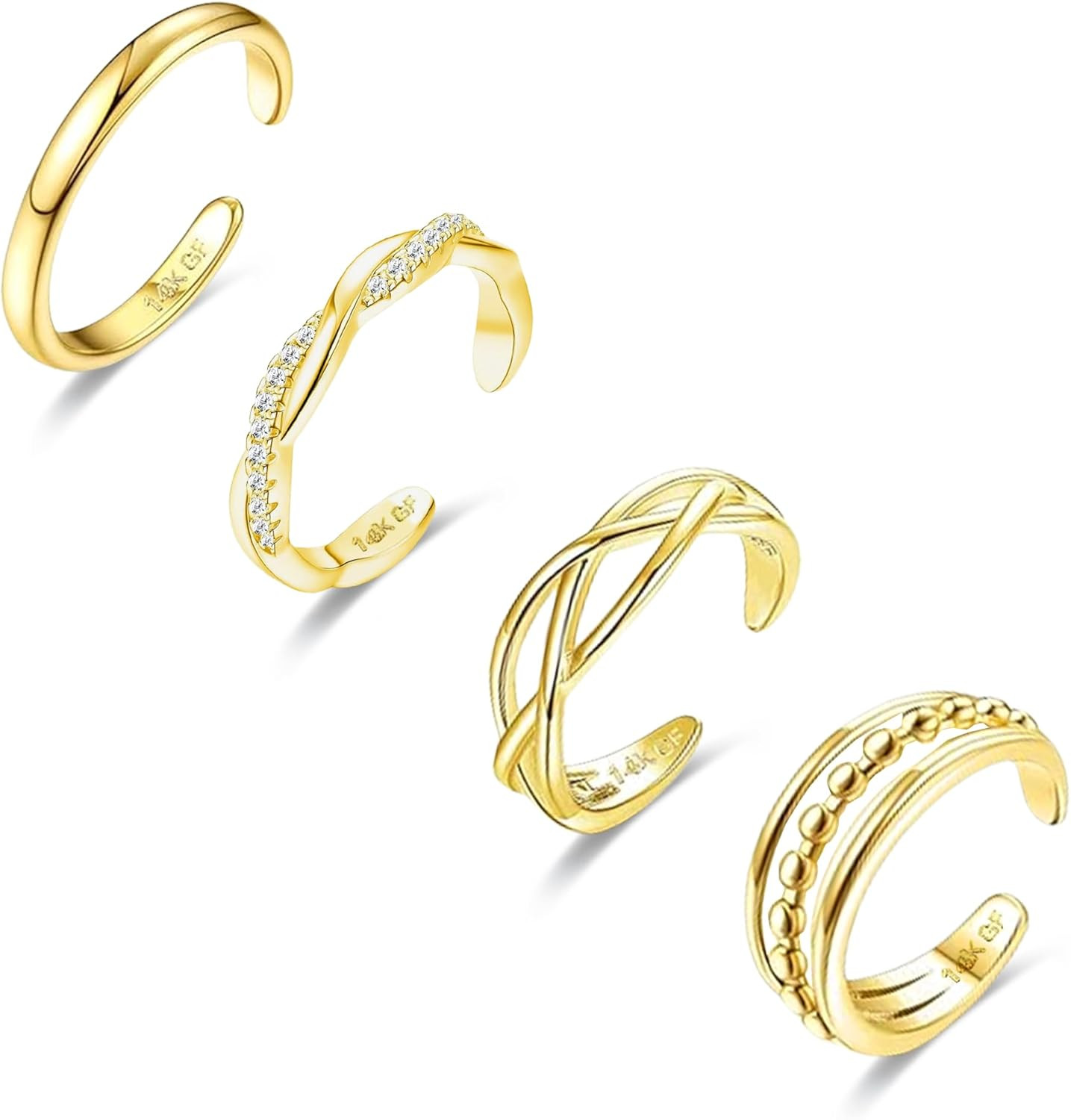 4PCS Toe Rings for Women Gold Adjustable 14K Gold Filled Toe Ring Set Simple Cut