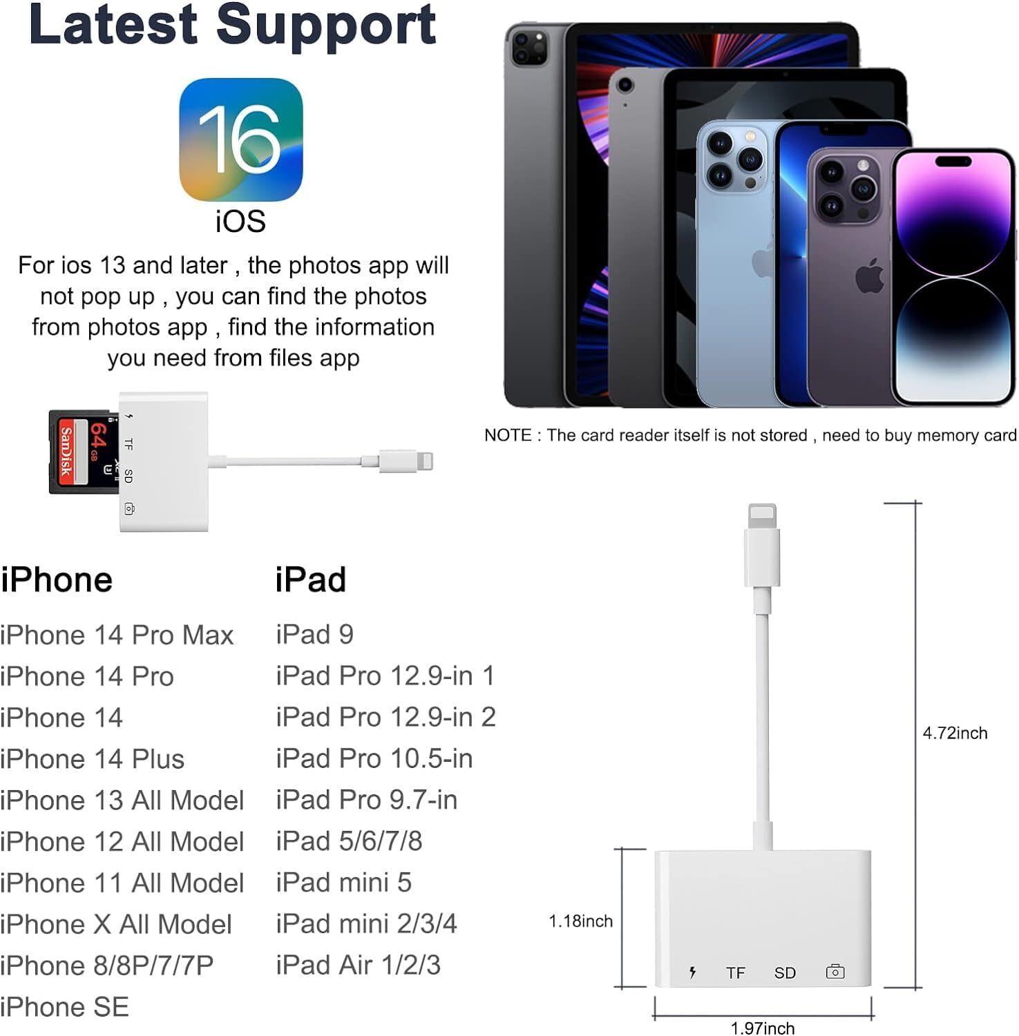 SD TF Card Reader for iPhone, 4 in 1 Micro SD/SD Card Reader to iPhone Adapter