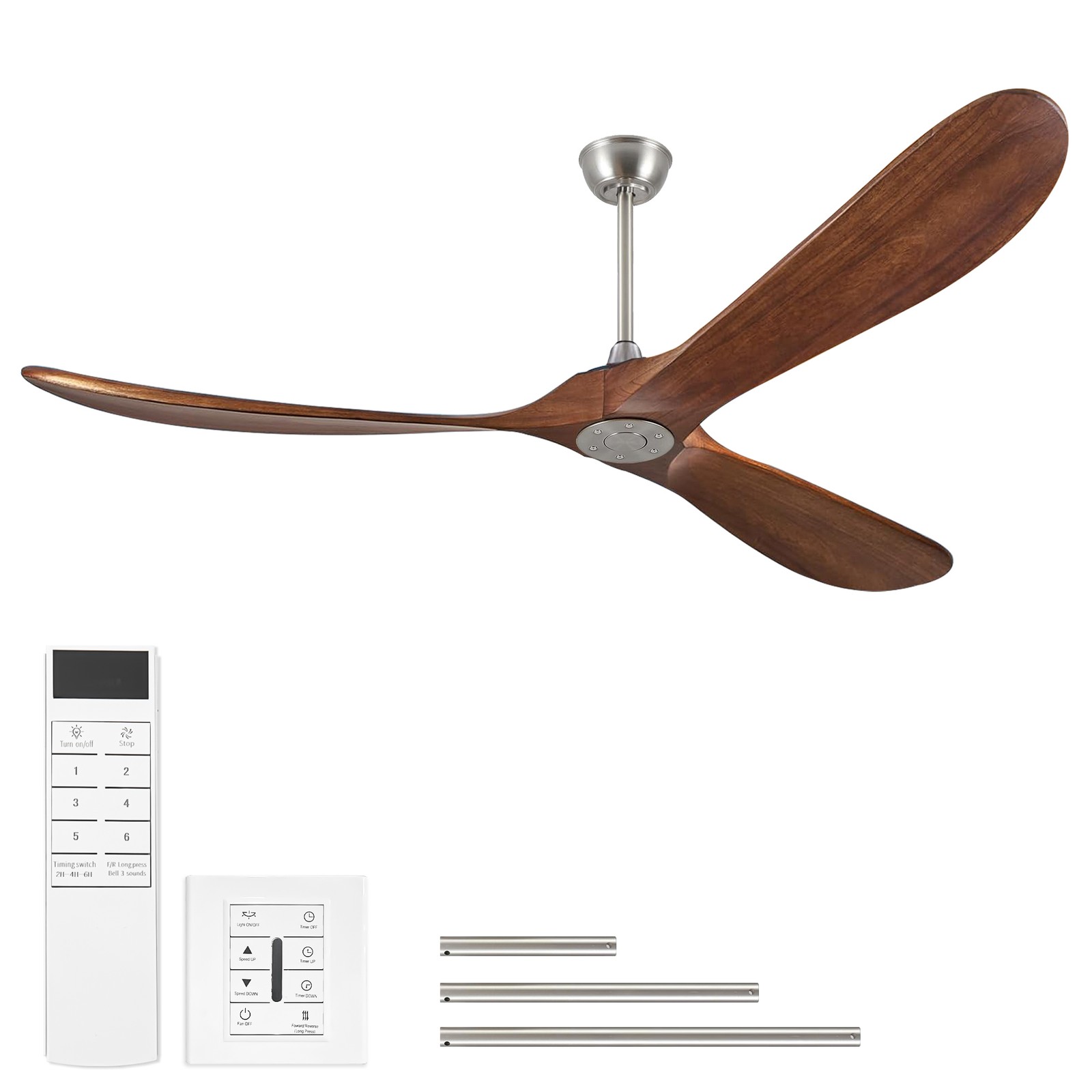 72"Solid Wood  Ceiling Fan without Light With Wall Switch and Remote Control