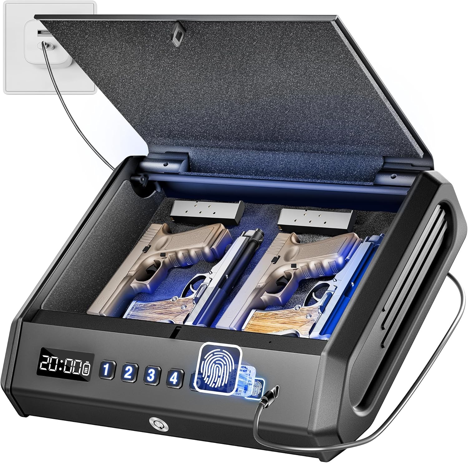 Large Biometric Gun Safe 4-Handgun 100-Fingerprint Home Car Lockbox