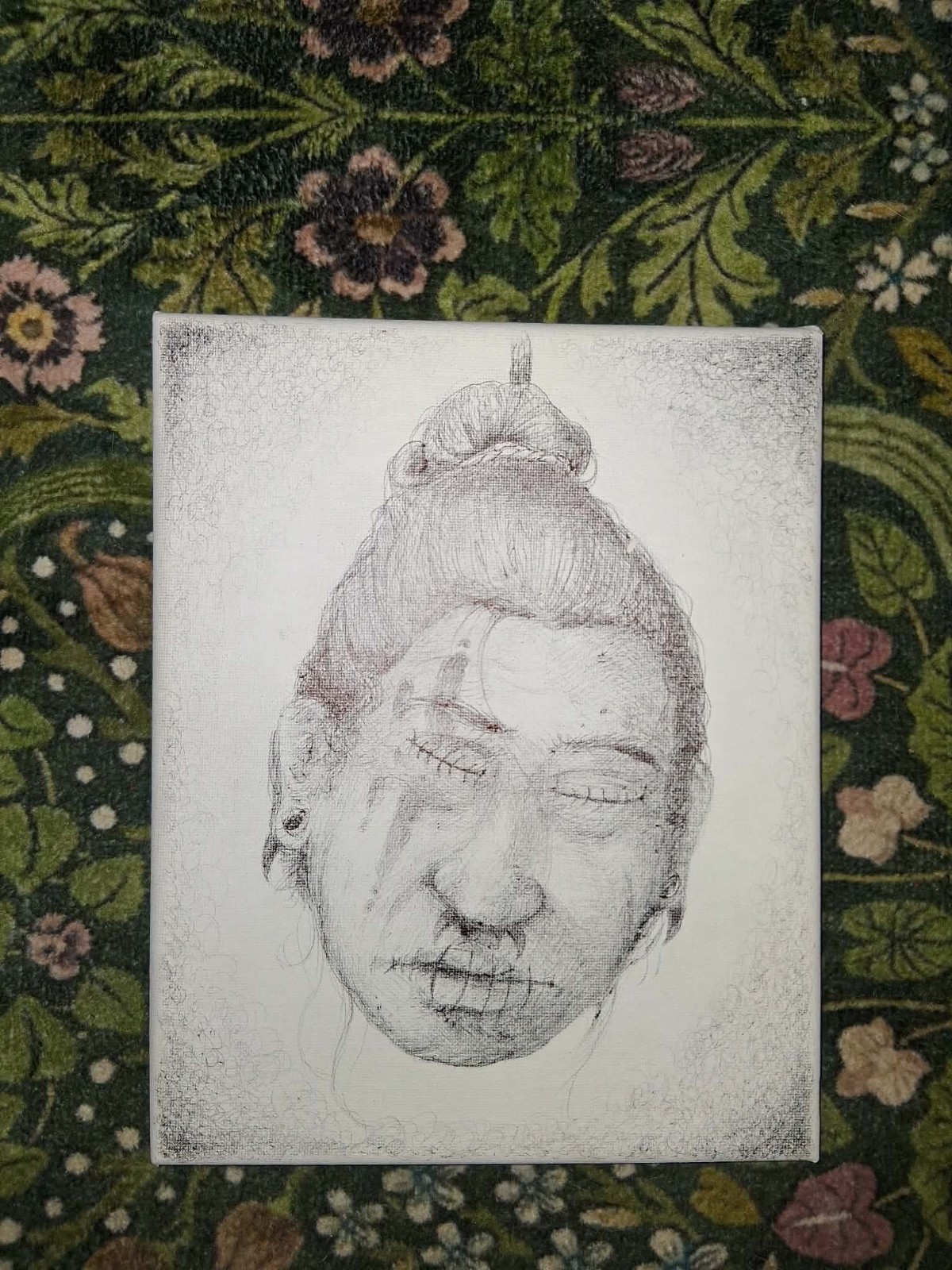 Shrunken Head Ballpoint Pen Drawing On Canvas