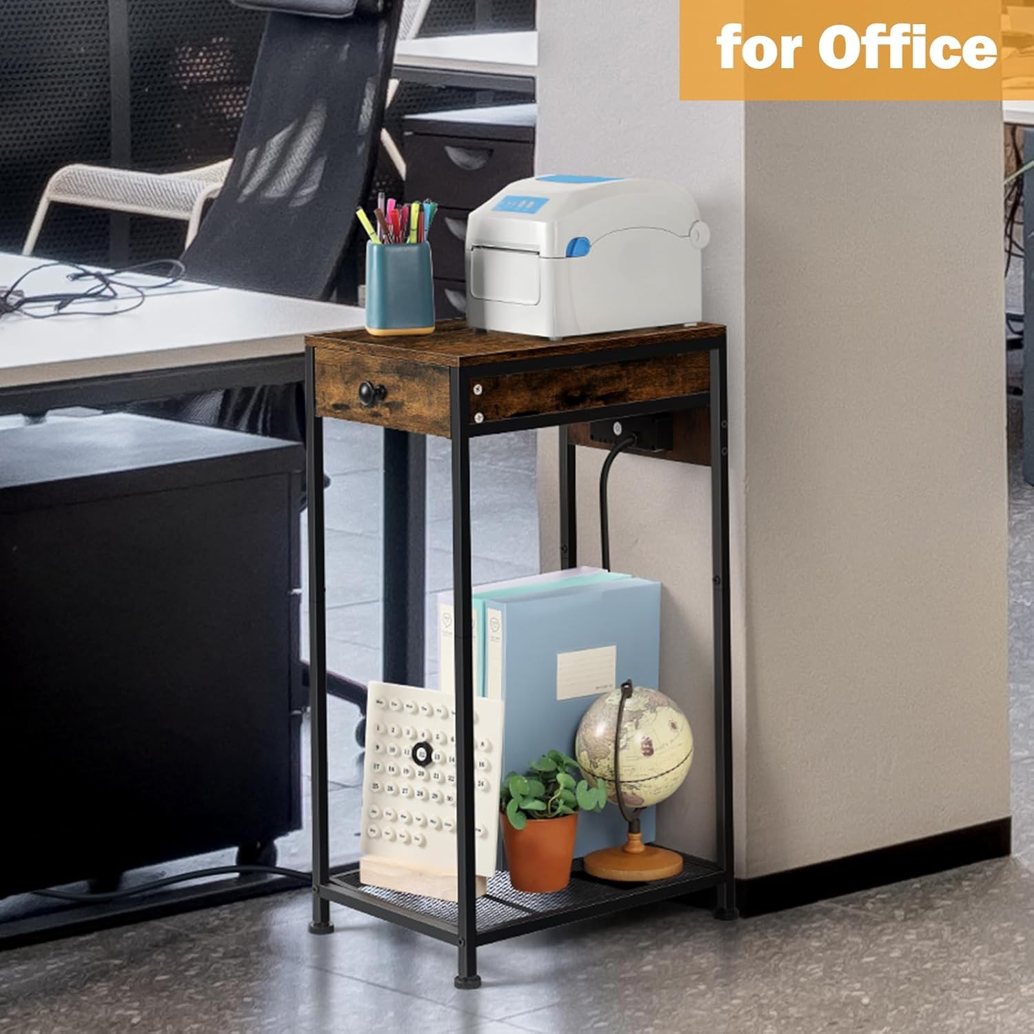 Printer Stand w/Storage Drawer Rolling Printer Table Desk w/Charging Station