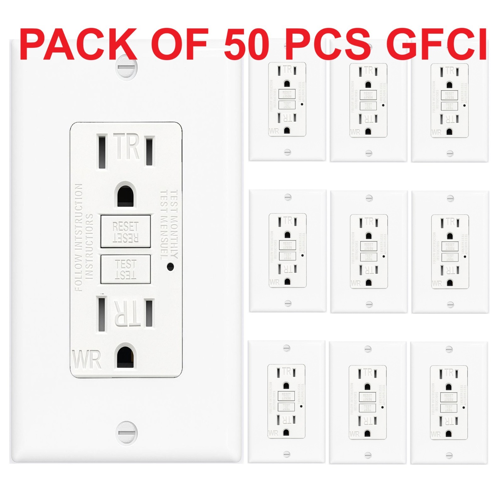 50PK GFCI 15AMPGFI Safety Outlet Receptacle w/ Wall Plate LED Indicator TR WR