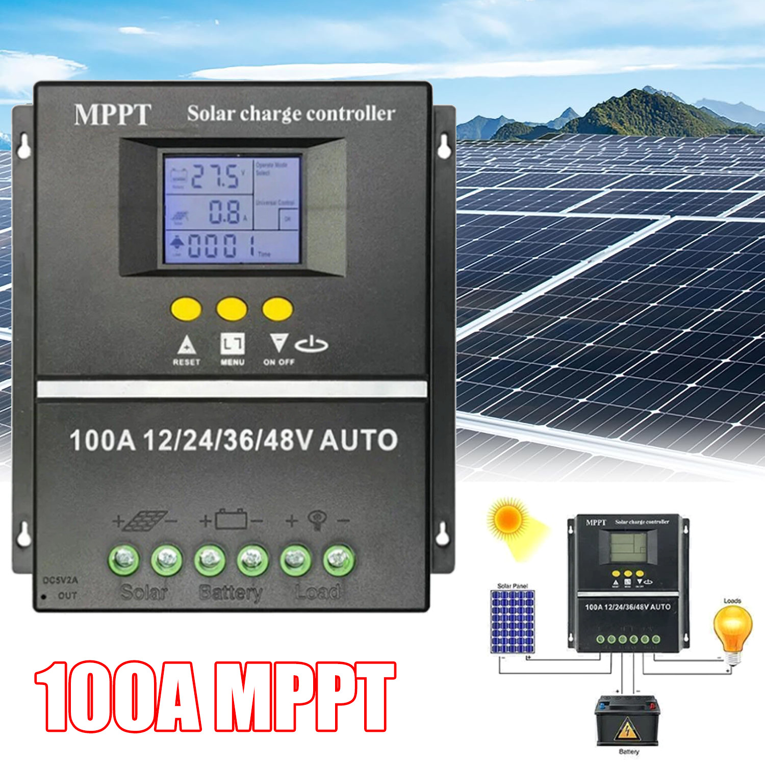 100A MPPT Solar Charge Controller 12V 24V 36V 48V PV Battery Regulator Dual USB