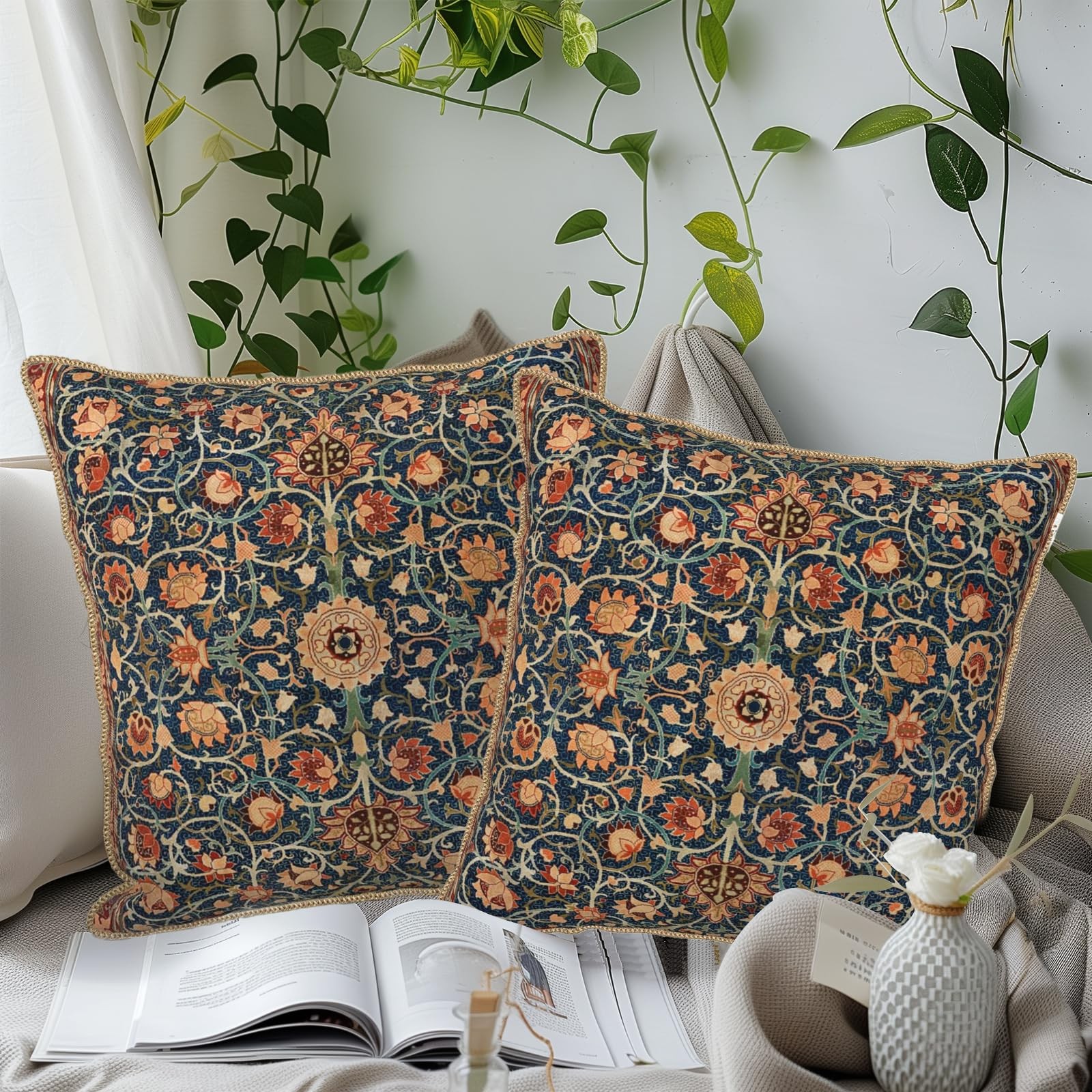 Vintage Floral Soft Velvet Throw Pillow Covers Set of 2 Burnt Orange Navy Flo...