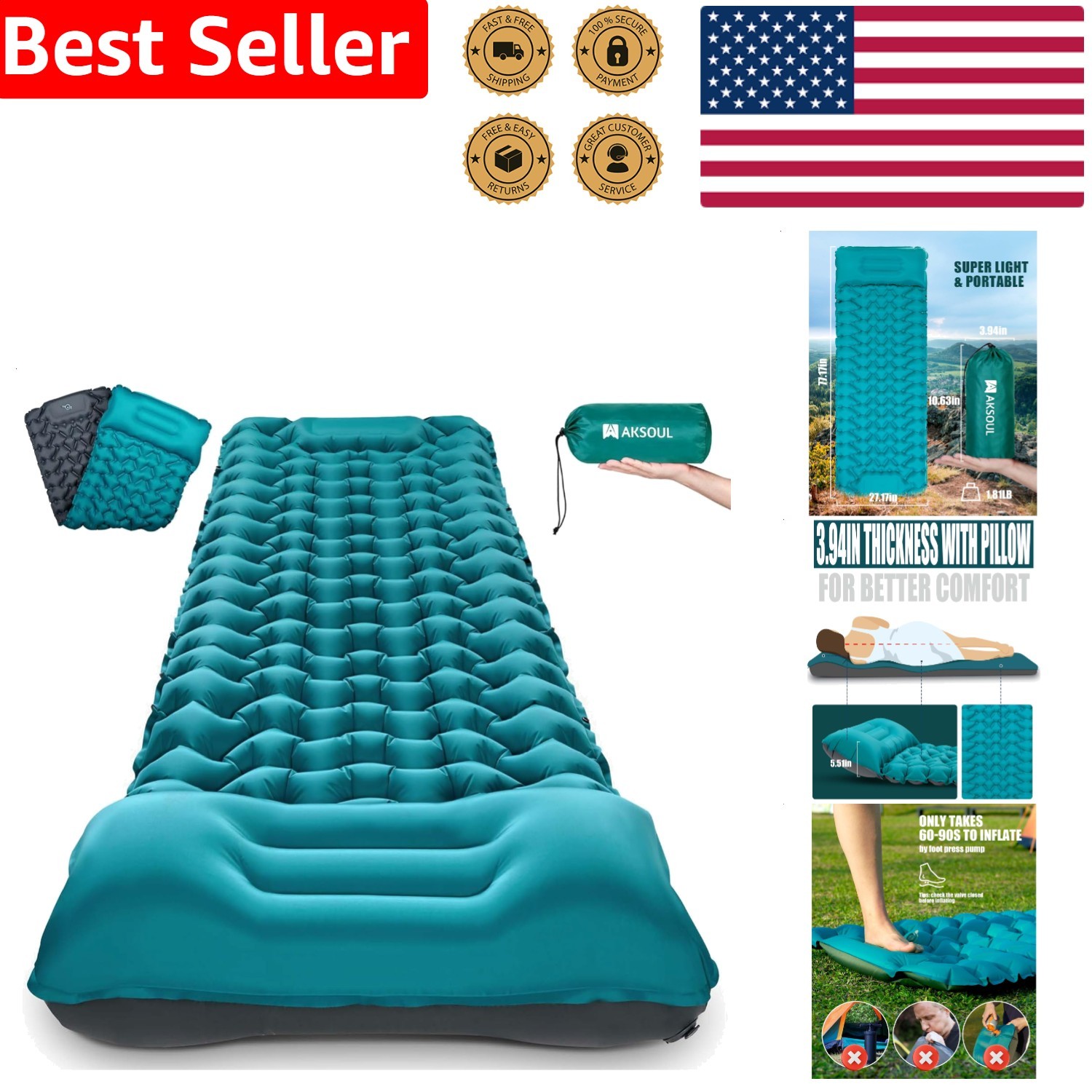 Thick Inflatable Air Pad w/ Pillow Built-in Foot Pump