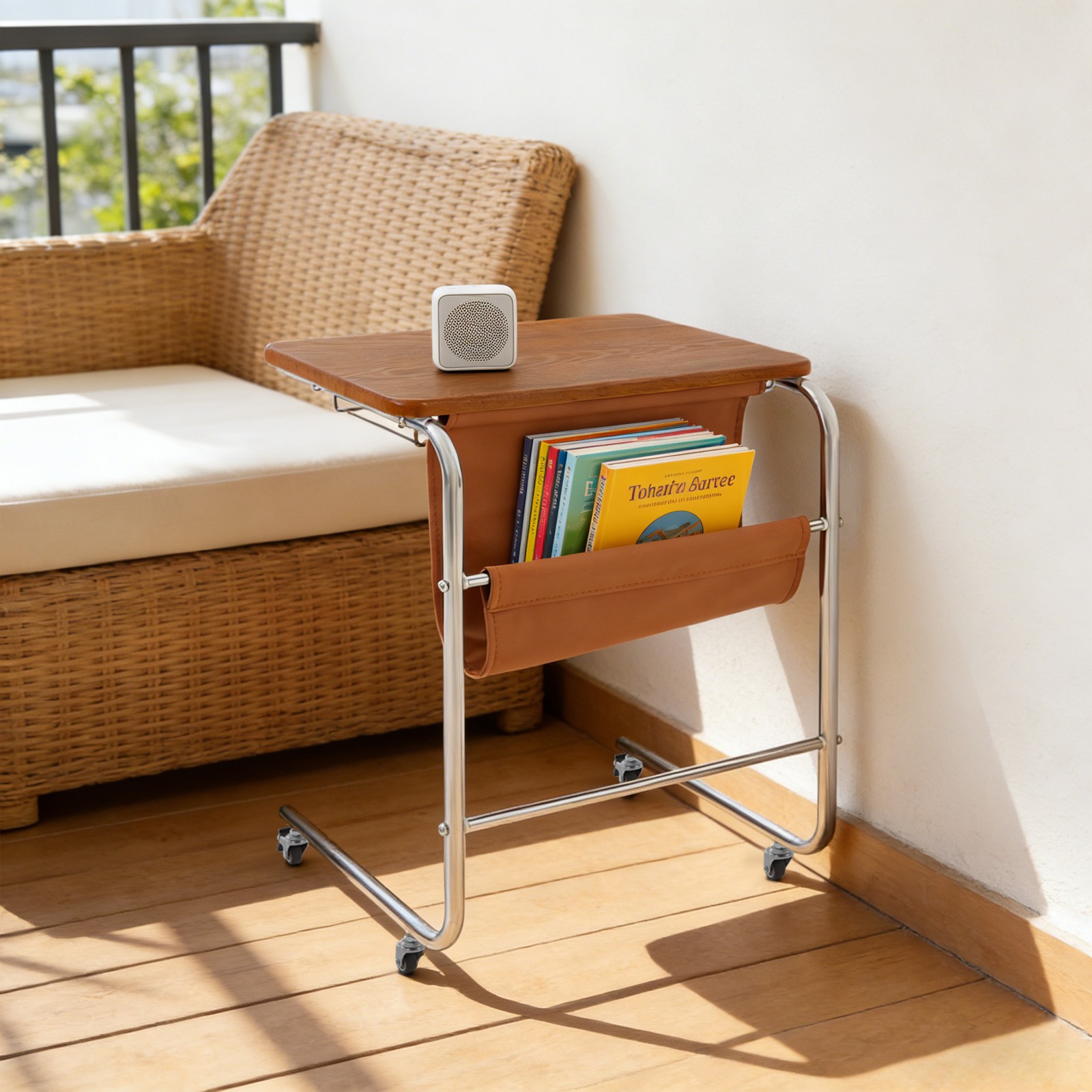 C-shaped End Table With Universal Wheels Sofa Side Table With Pu Storage Bag