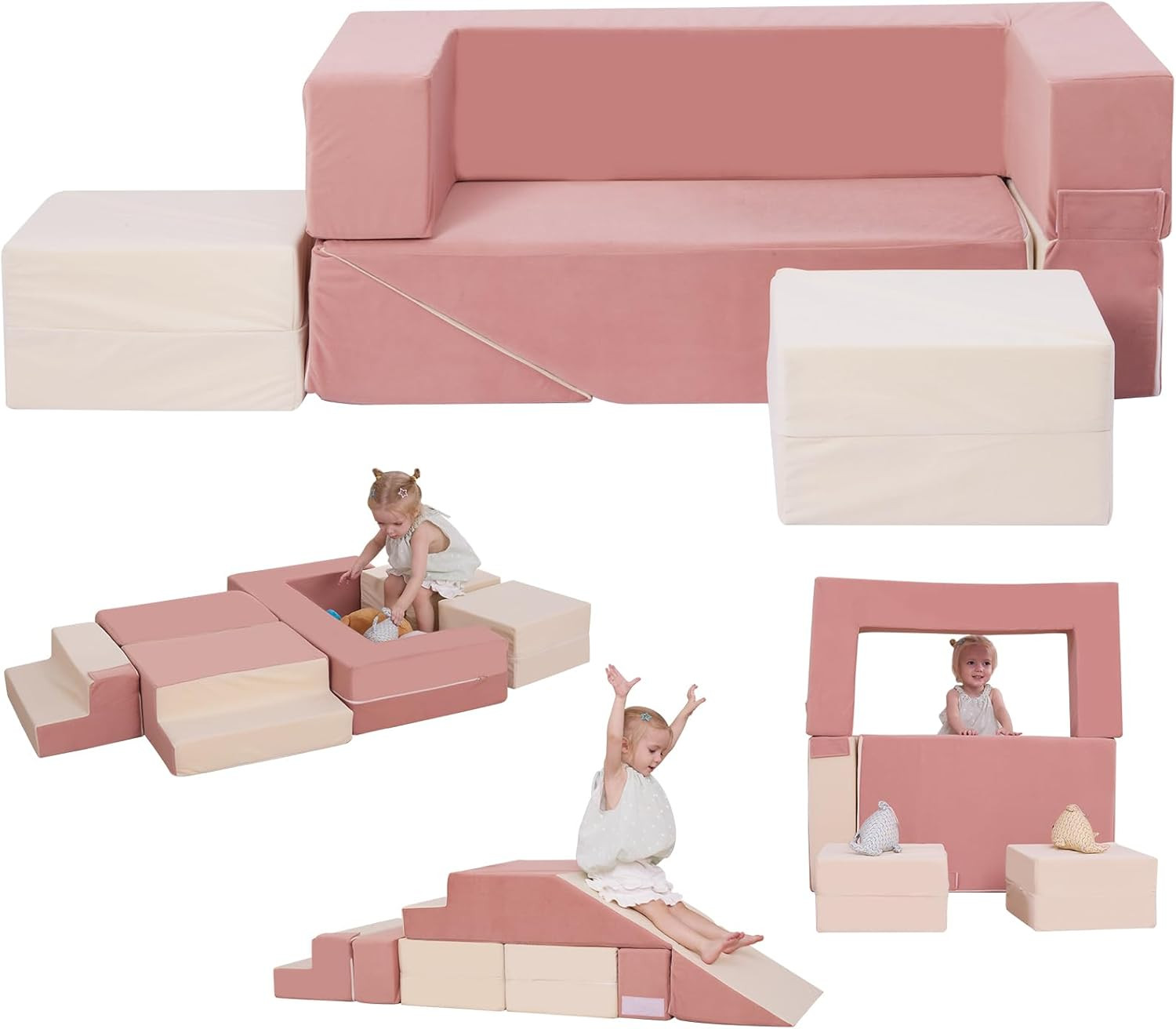 Modular Kids Couch with Ottomans, Foam Blocks & Slide for Playroom Fun