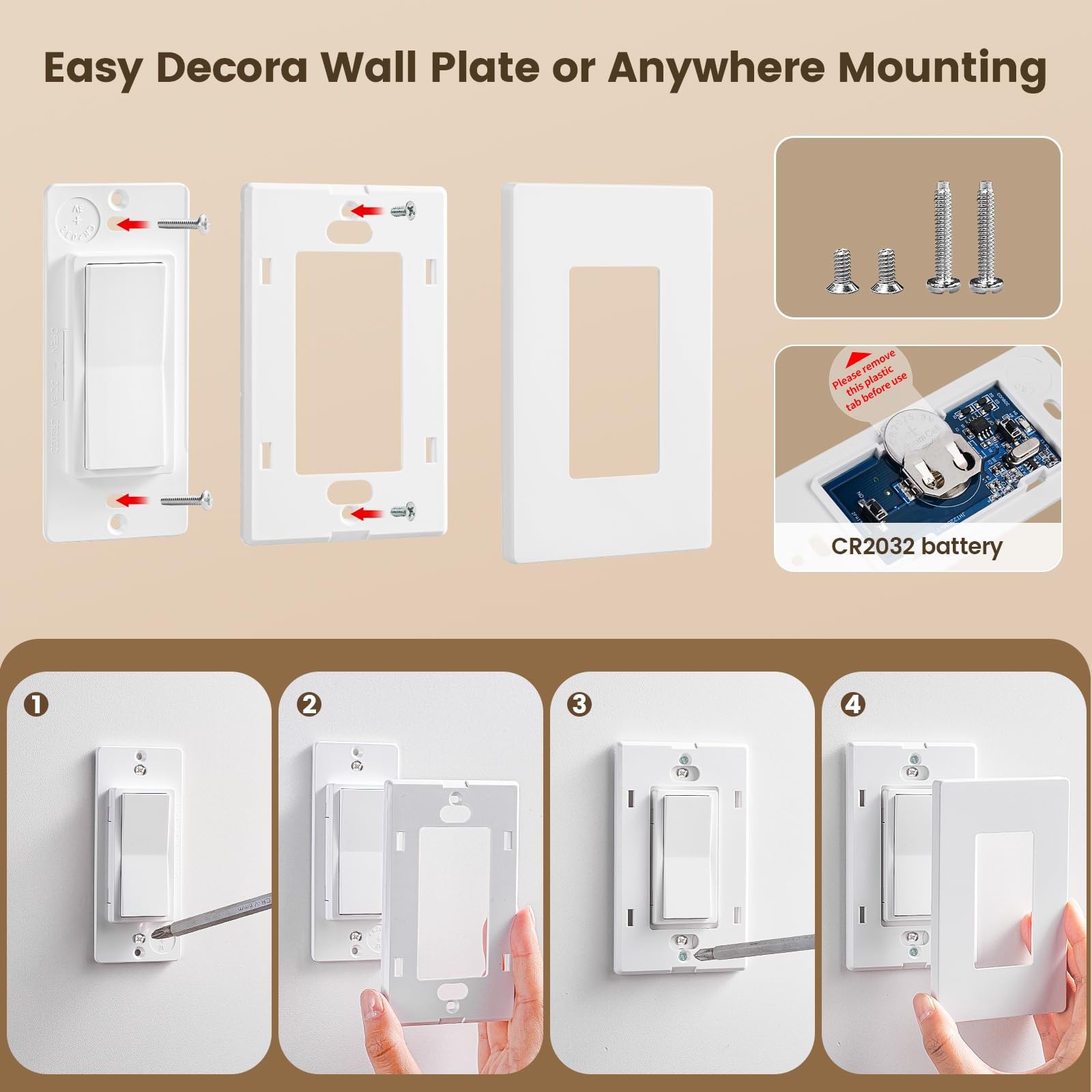 Wireless Light Switch and Receiver Kit, Decorator Rocker Wall Switch, 15A, No...