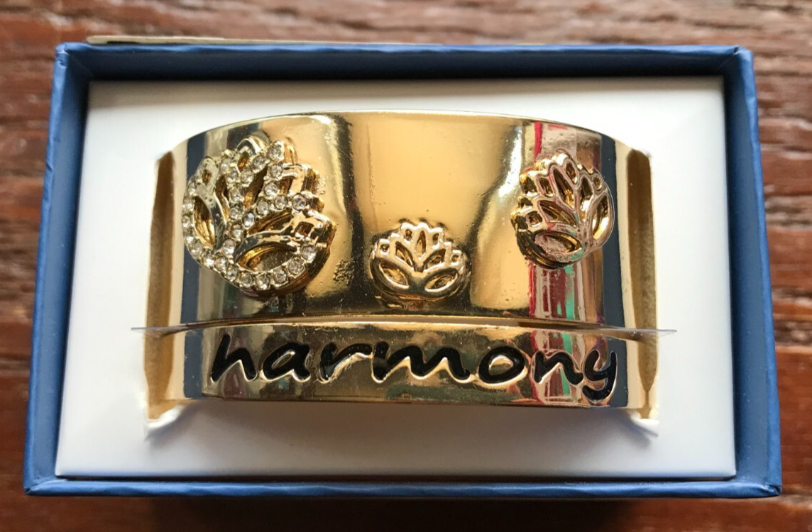 Inspired Life 2 pc Set Flower and "Harmony" Cuff Bracelets Gold Tone NIB
