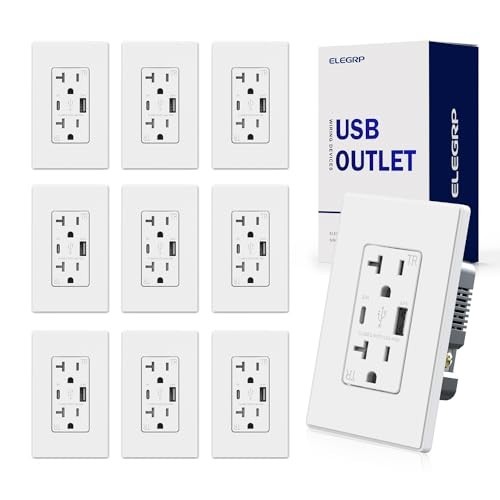 20 Amp USB Wall Outlet with Type A & C Ports, Tamper Resistant, 10 Pack, White