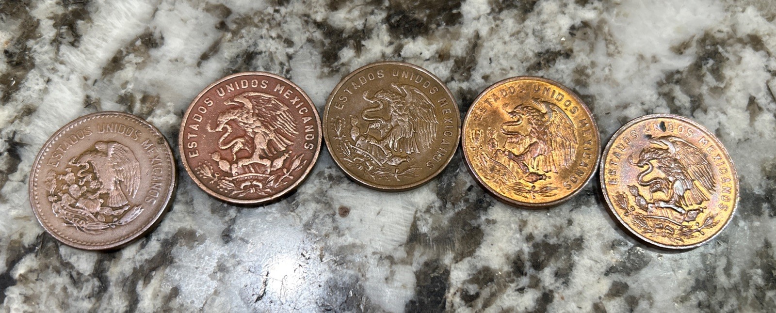 Set Of 5 20 Centavos Mexican Coins (1944, 1960, 1965, And Two 1968), Circulated