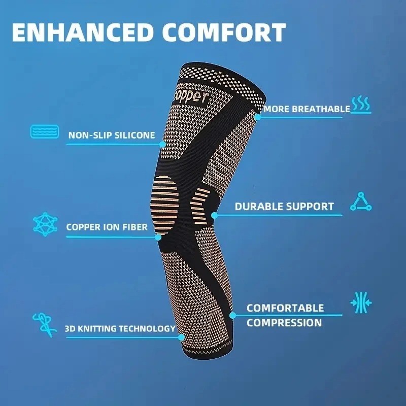 1pc Copper Compression Knee Sleeves, Stretchable Full Leg Support Knit Fabric kn