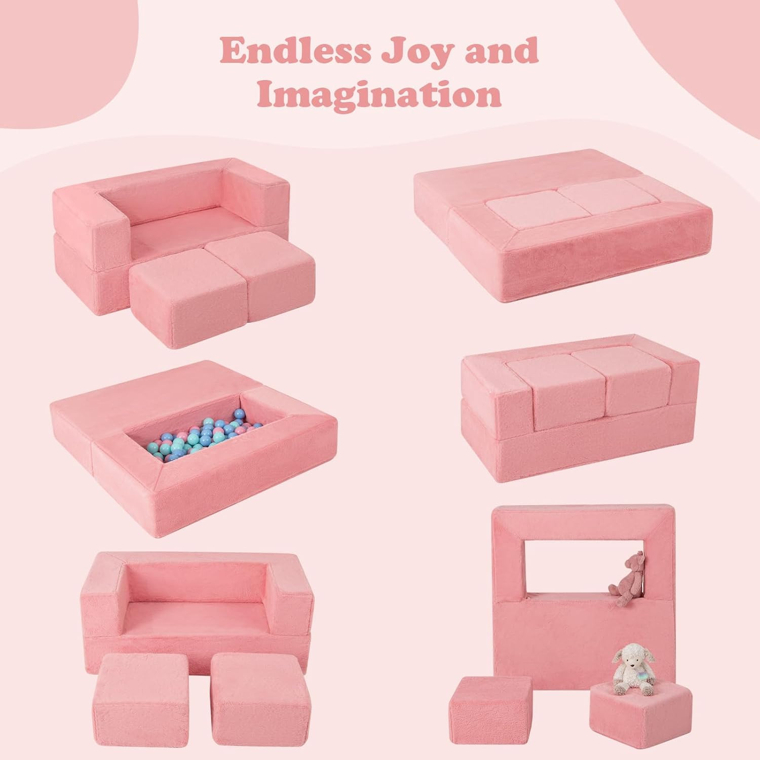 Pink Modular Kids Play Couch - Convertible Foam Sofa for Playroom Fun
