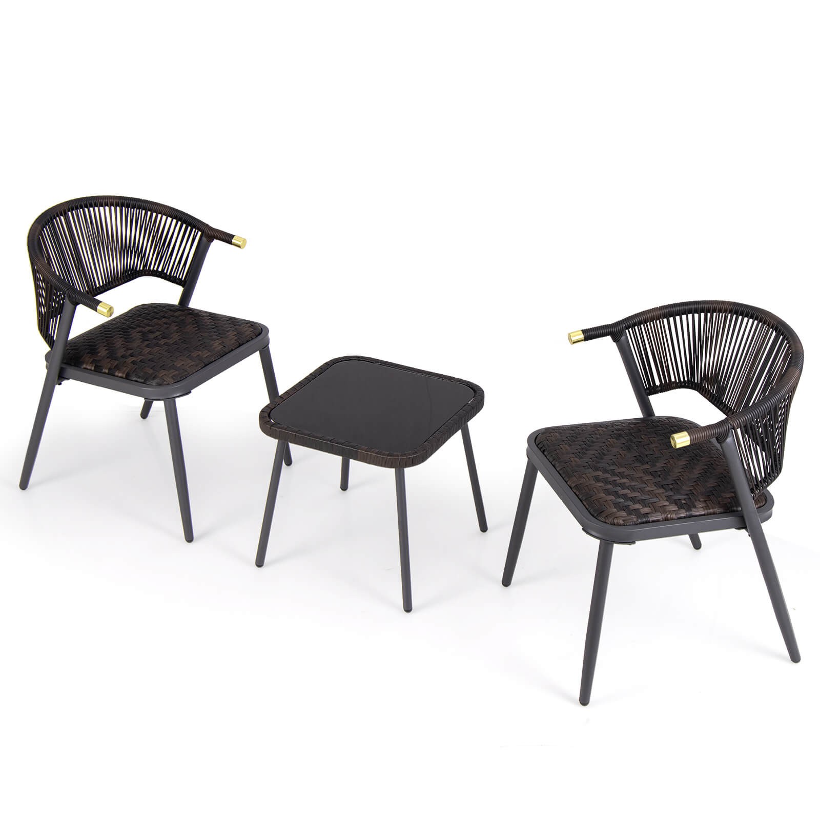 Patio 3 PCS Rattan Furniture Set w/ Tempered Glass Tabletop Wicker Seat