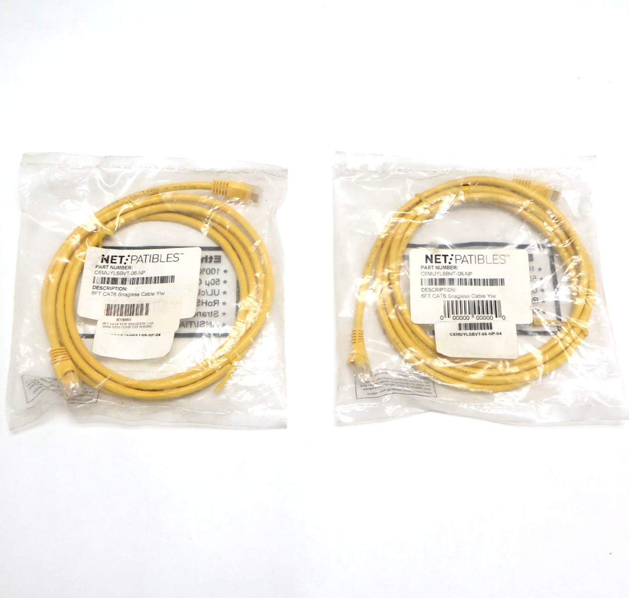 Set of 2 Net:patibles C6MUYLSBVT-06-NP Cat.6 Snagless UTP Cable 6FT