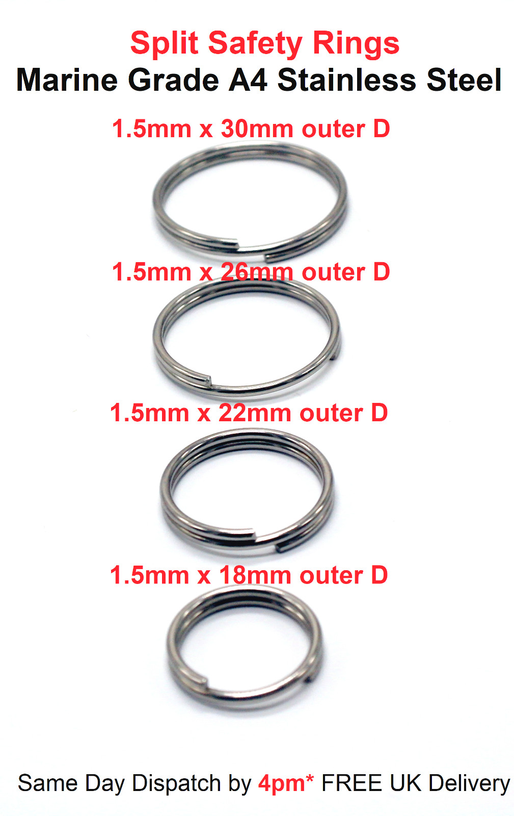 Split Safety Rings Marine grade A4 Stainless Steel 316 Pack of 1/ 4/ 8/ 12/16/20