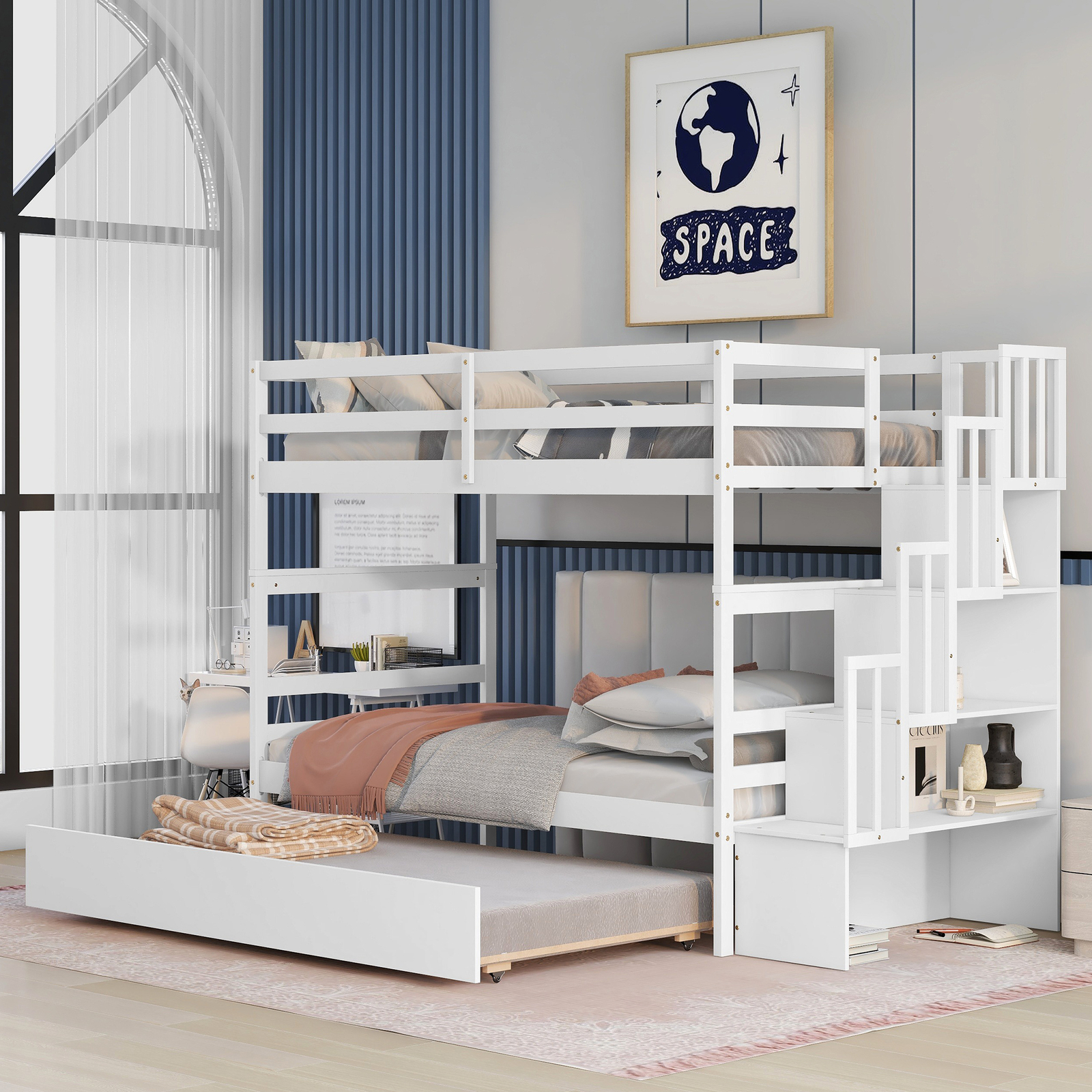 Twin Over Twin Bunk Bed Frame Wood Platform Bed Frame w/Trundle and Stairway