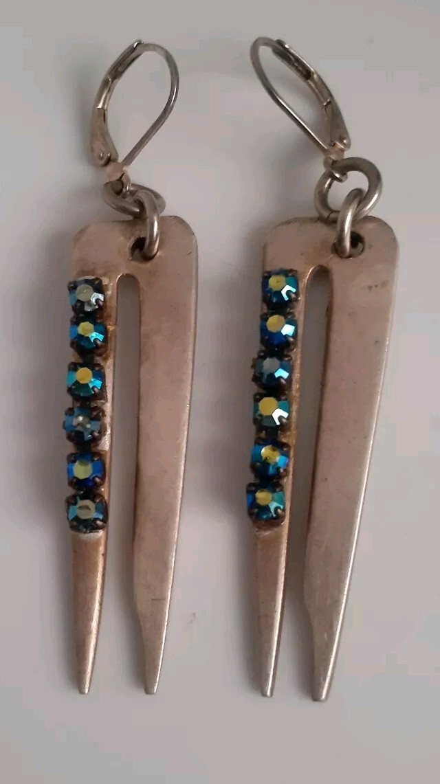 Blue Aurora borealis Silvertone Forked Dangle/drop earrings