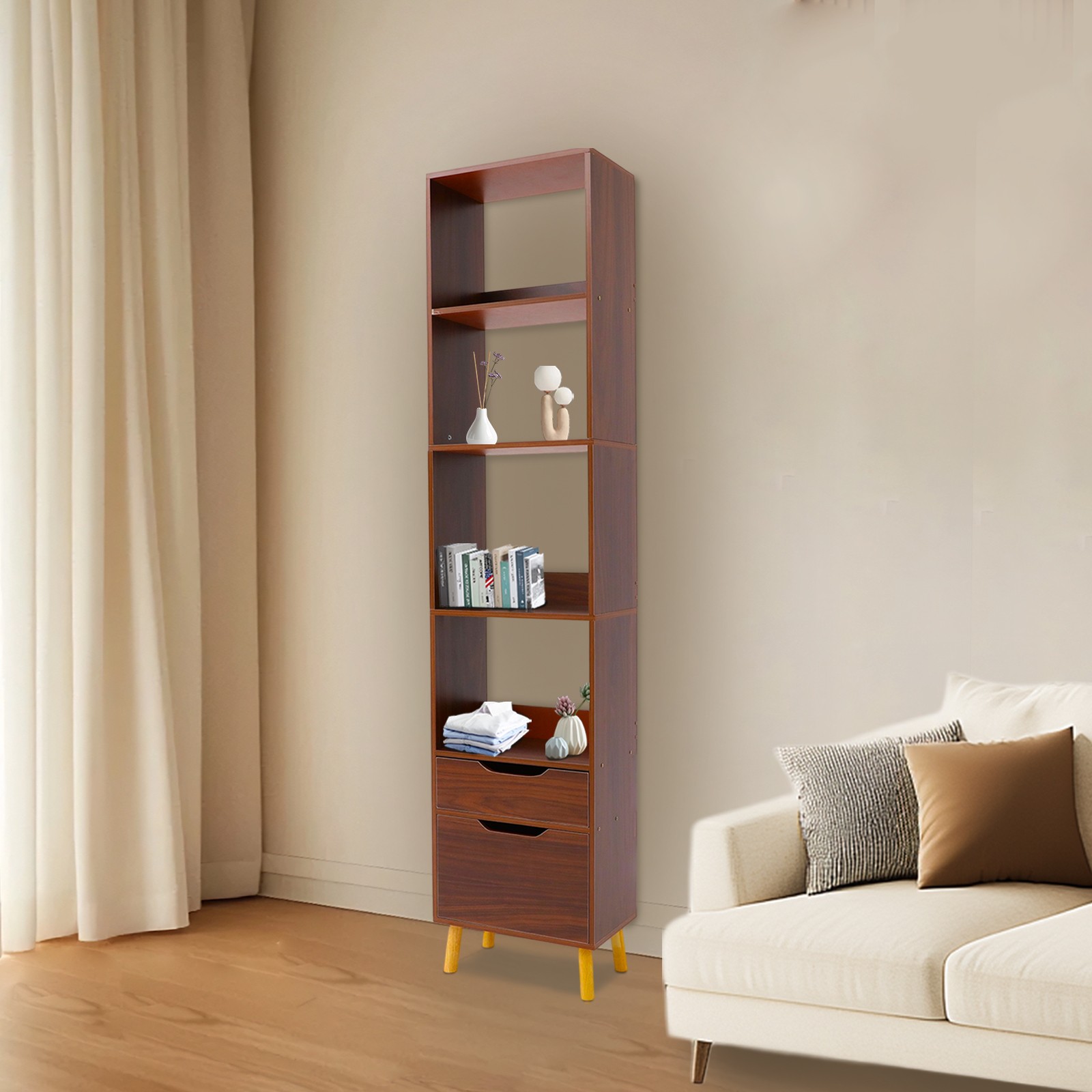 Walnut Standing Storage Shelf Freestanding Storage Rack Tall Open Bookshelf