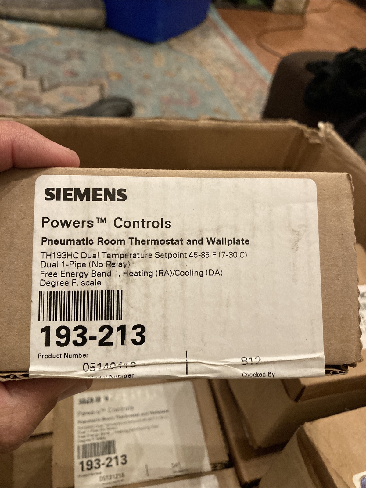 SIEMENS 193-213, 05120131 TH193HC Pneumatic Room Thermostat + Wallplate Dual T.