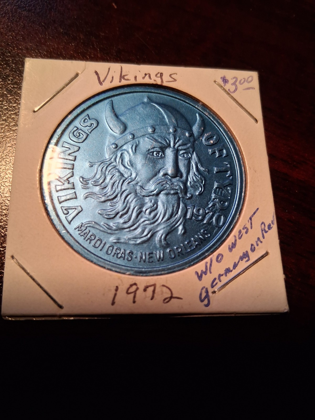 1972 Vikings Brushed Blue Aluminum (w/o W. Germany on rev) Doubloon - Mardi Gras